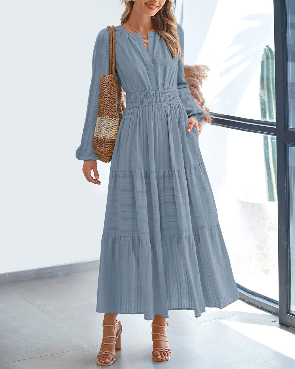 FreshPretty Fall Dresses for Women Casual Long Sleeve V Neck Elastic Waist Lightweight Maxi Wedding Guest Dress Pockets