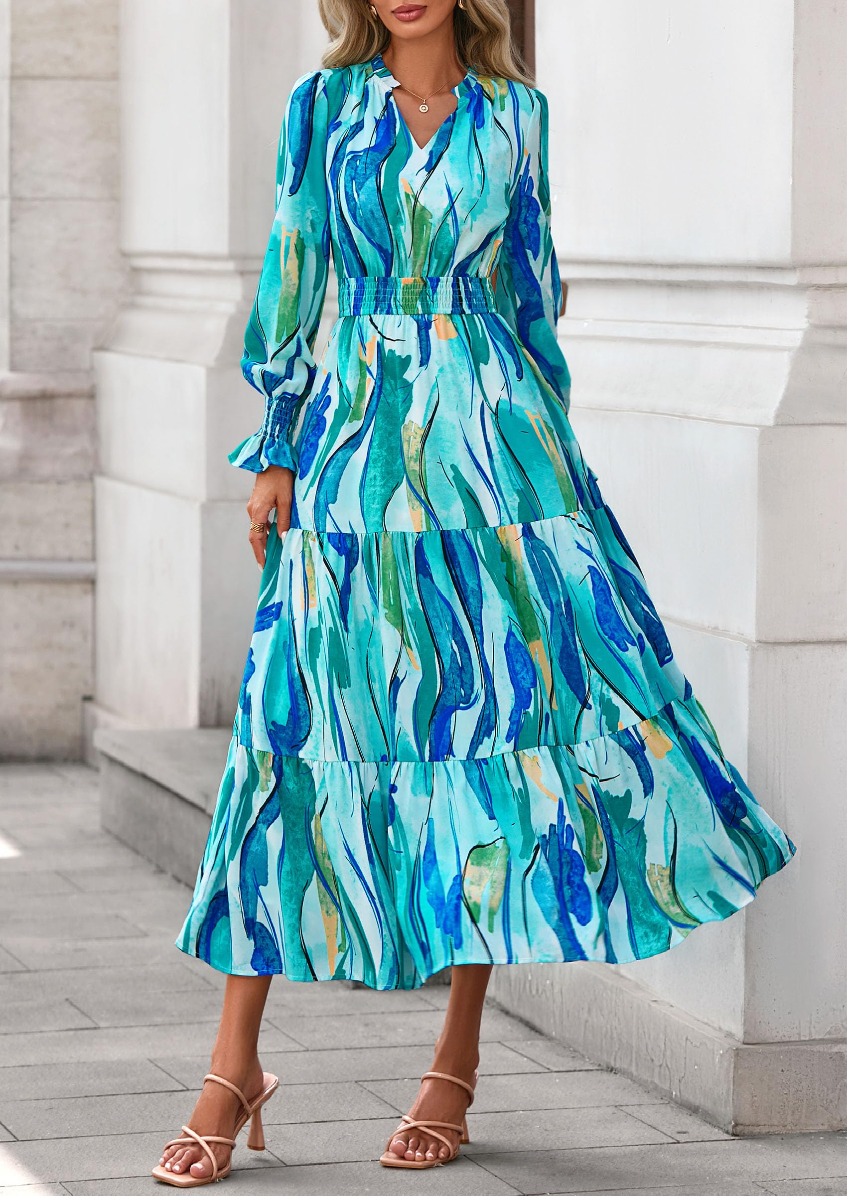 PRETTYGARDEN Women's Floral Maxi Dress Fall Long Sleeve V Neck Casual A Line Long Flowy Boho Party Dresses