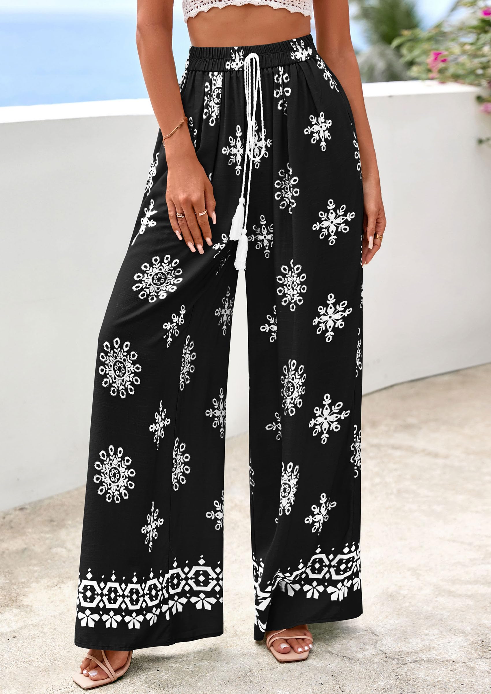 PRETTYGARDEN Women's Wide Leg Palazzo Pants Summer Boho Floral Trousers Spring Flowy Beach Vacation Clothes Resort Wear