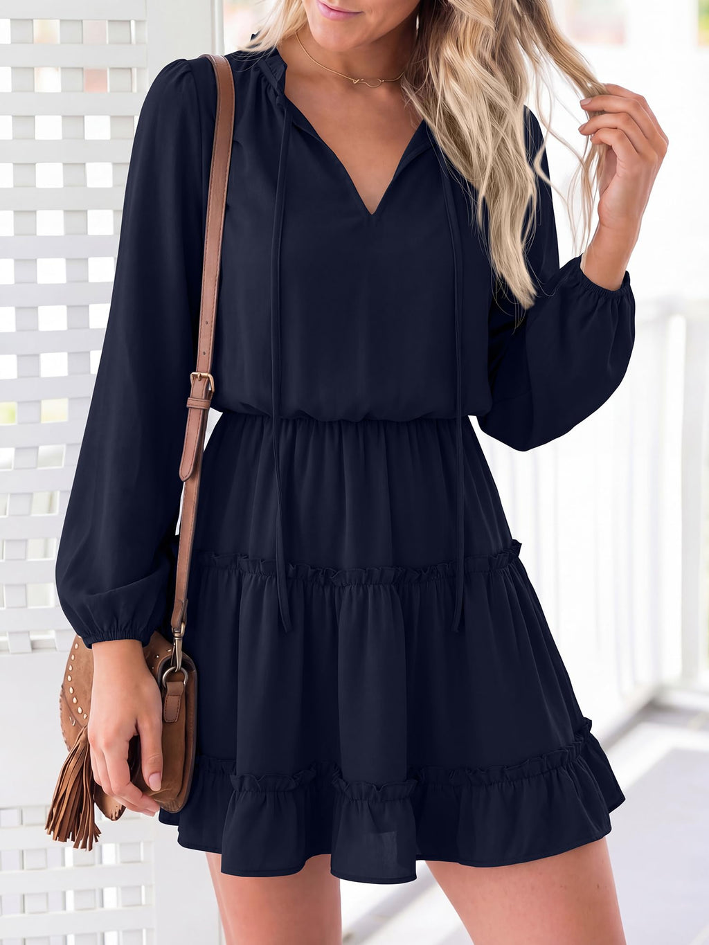 BTFBM Long Sleeve Summer Dresses for Women Casual Tie Neck Ruffle Tiered A Line Mini Spring Wedding Guest Dress