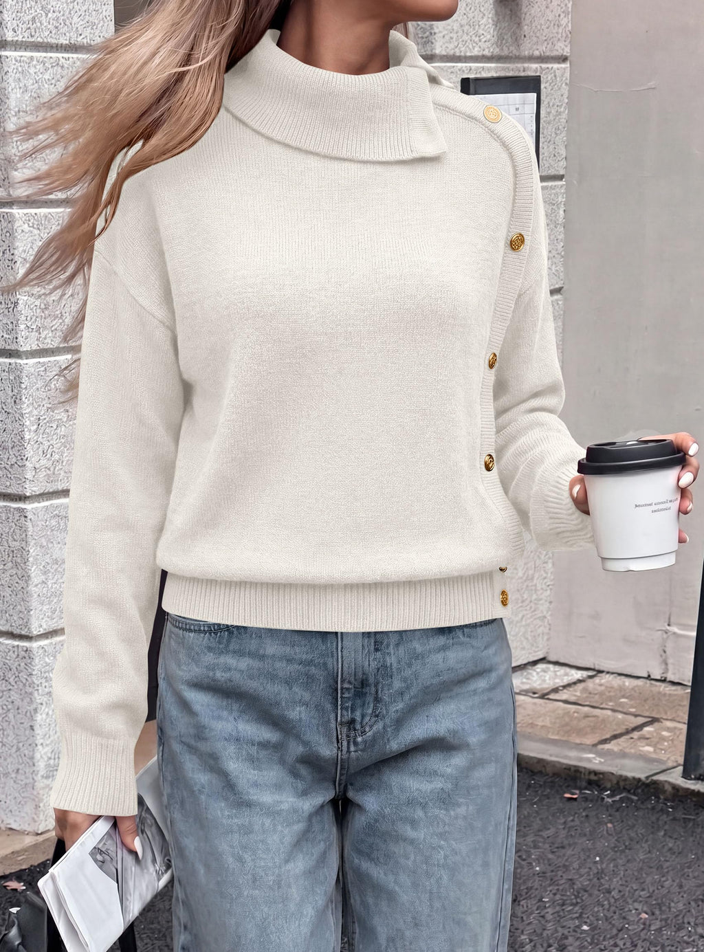 PRETTYGARDEN Womens Turtleneck Sweater Pullover Side Button Fall Clothes Stretchy Knit,Dropped Shoulder,Ribbed Cuffs,Asymmetrical,Jumper Long Sleeve Tops,Work Offices