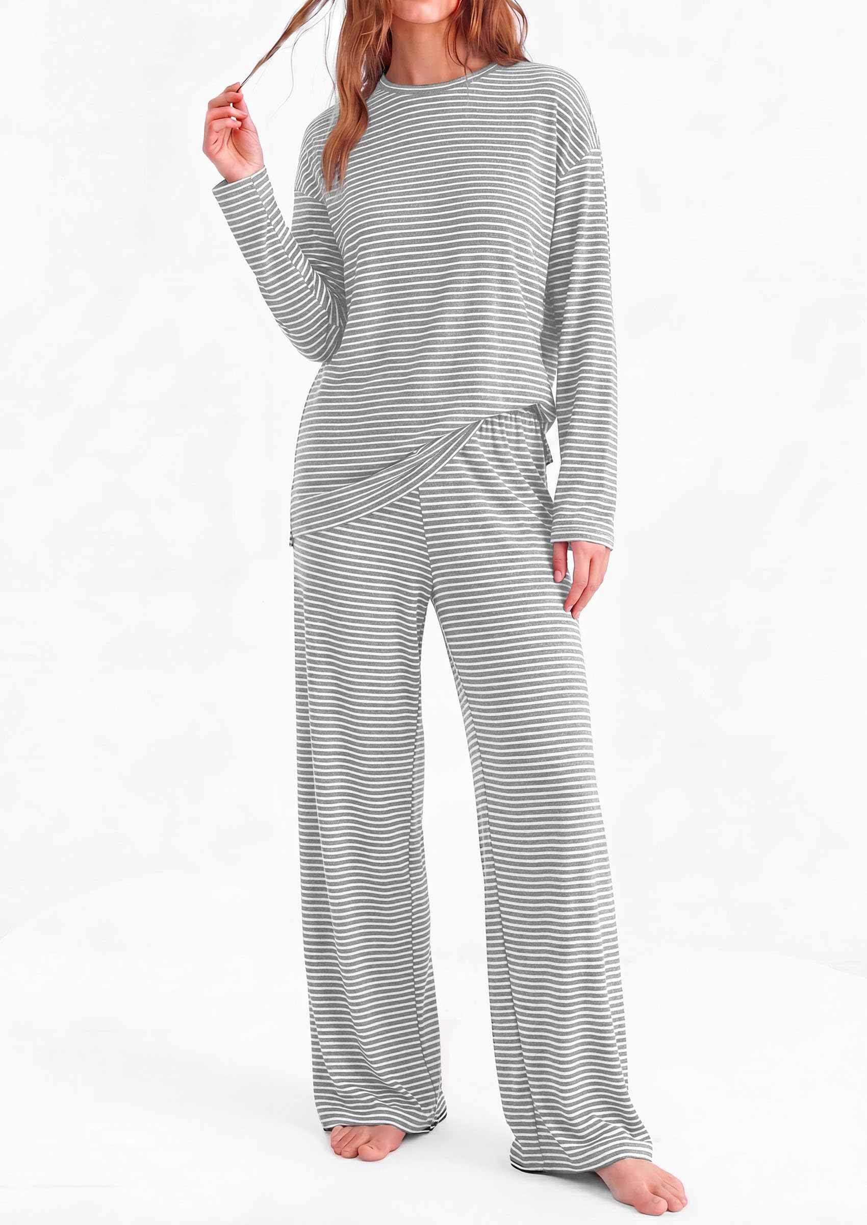 PRETTYGARDEN Womens Striped Lounge Set Fall Winter 2 Piece Sets Side Slit Long Sleeve T-Shirts & Wide Leg Pants, Matching Pajama Sets, Comfy Pj Set, Loungewear with Pockets, Fashion Clothes