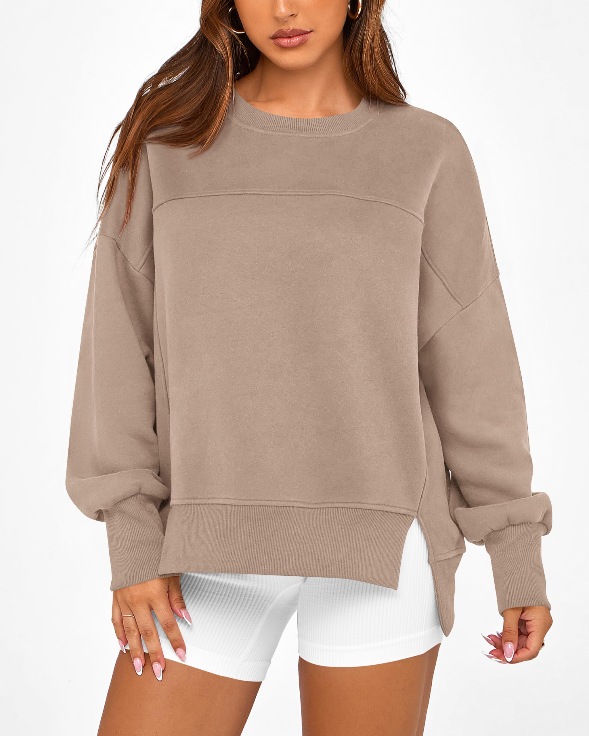 BTFBM Women's Casual Crewneck Sweatshirts Spring Long Sleeve Side Slit Workout Fleece Pullover Top Fashion Clothing