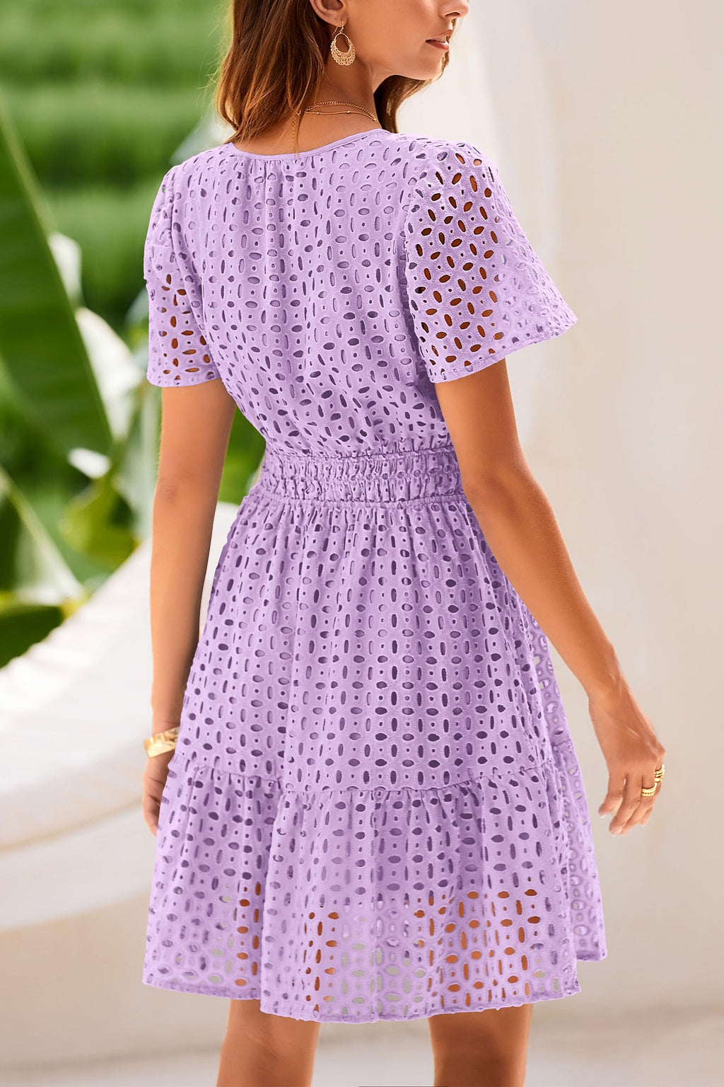 PRETTYGARDEN Womens Summer Short Dress V Neck Short Sleeve A Line Hollow Out Lace Ruffle Cute Casual Beach Party Dresses
