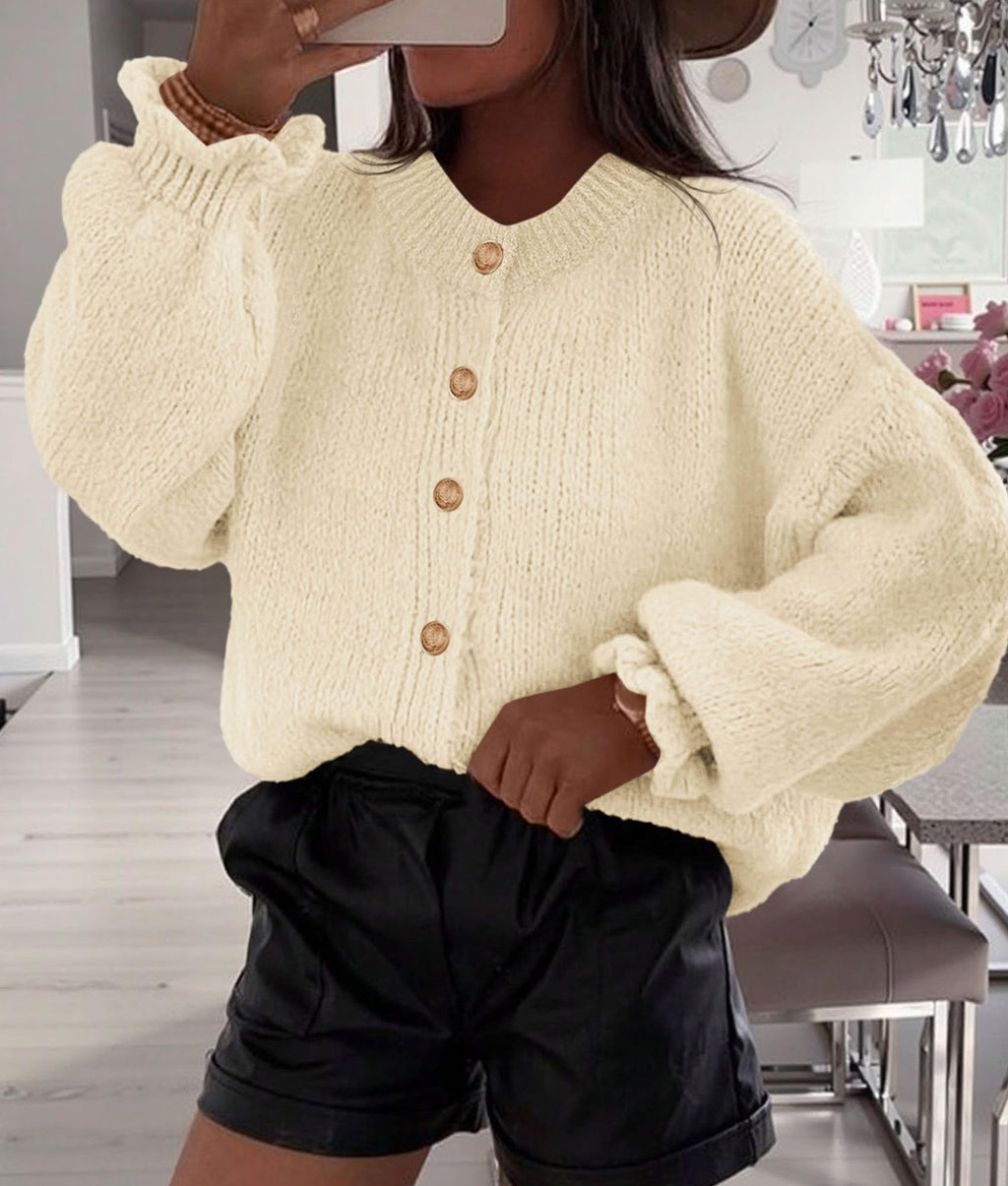 PRETTYGARDEN Womens Cropped Cardigans Trendy Ruffle Open Front Chunky Knit Sweater Oversized Button Down Fall Clothes