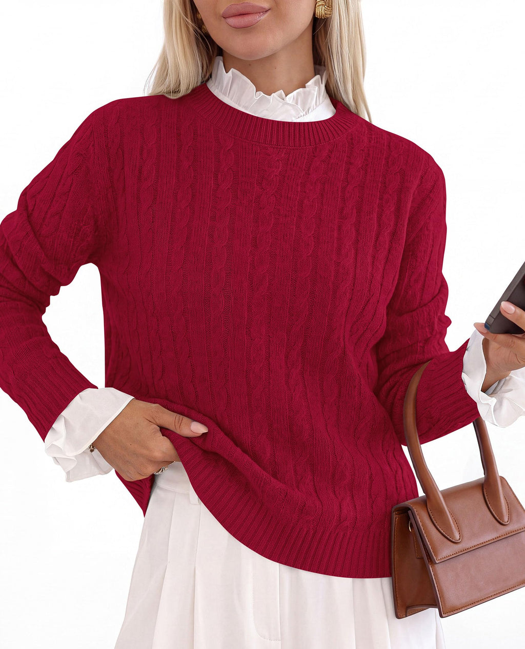 PRETTYGARDEN Women's Cable Knit Sweaters Long Sleeve Pullover Fall Outfits Soft Cozy Knit Tops, Ribbed Crewneck Regular Fit, Basic Daily, Work Business Casual, Teacher Outfits, Winter Layer Clothing