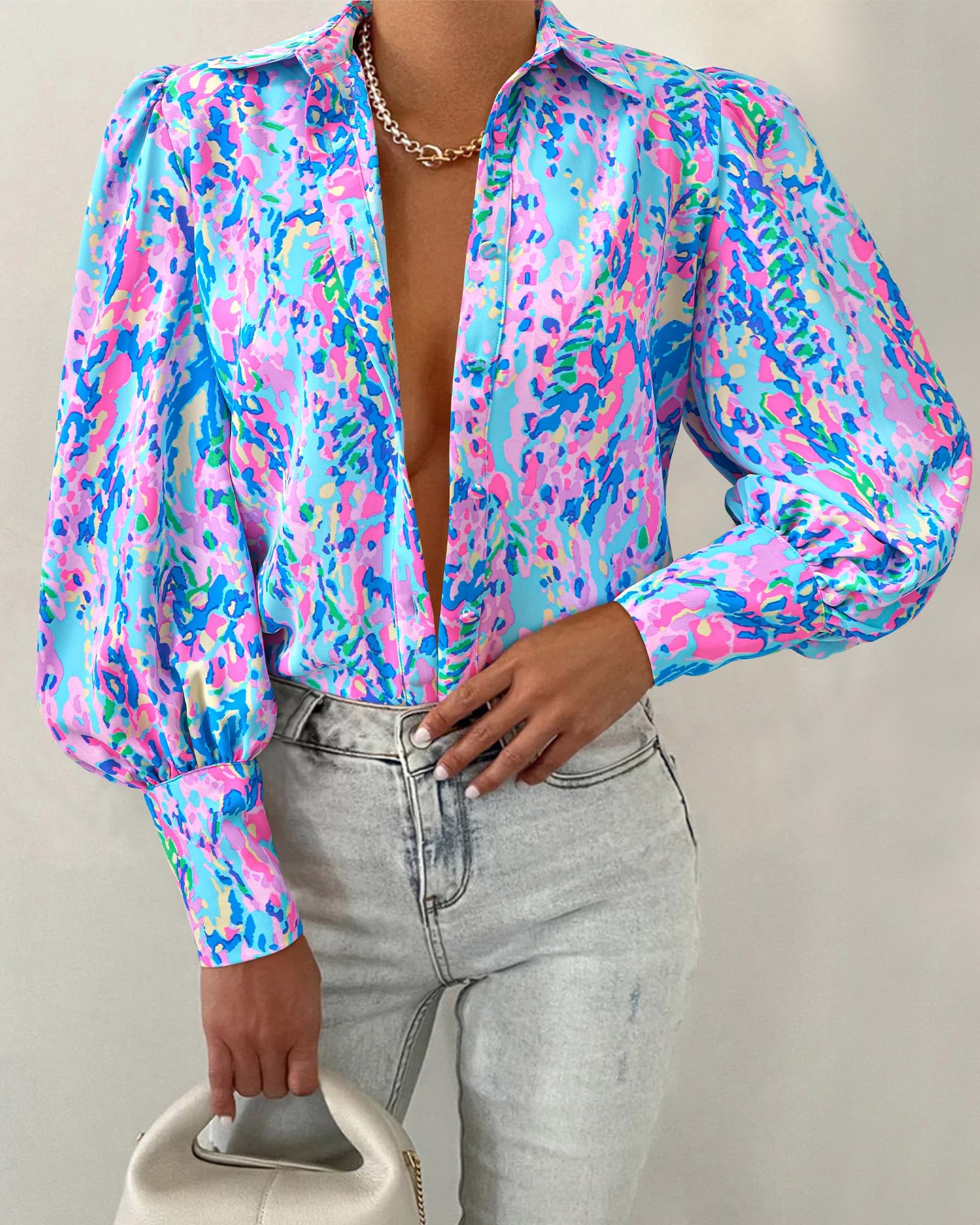 BTFBM Women Fashion Button Down Shirts V Neck Boho Printed Long Sleeve Blouses Dressy Casual Spring Fall Tops