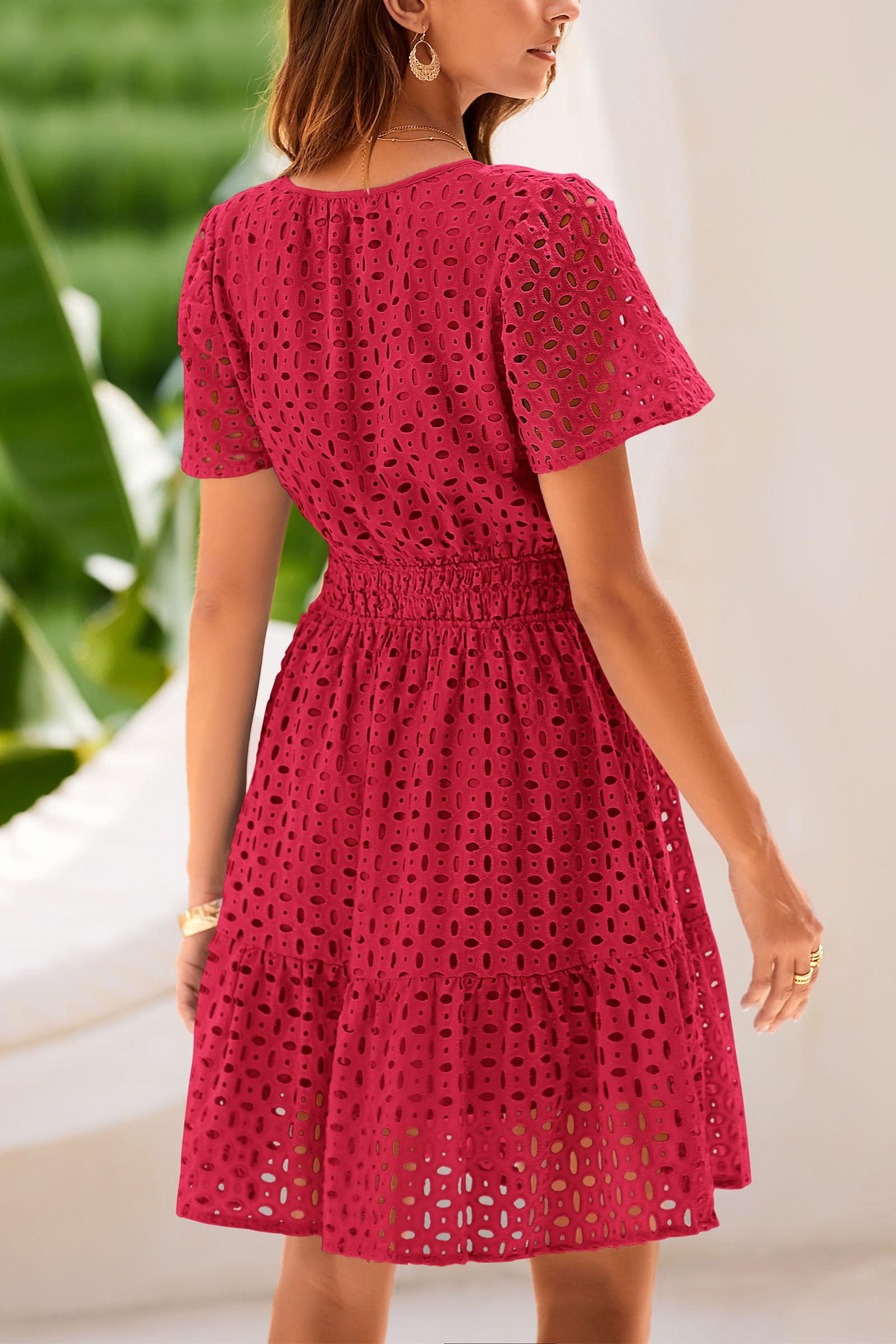 PRETTYGARDEN Womens Summer Short Dress V Neck Short Sleeve A Line Hollow Out Lace Ruffle Cute Casual Beach Party Dresses