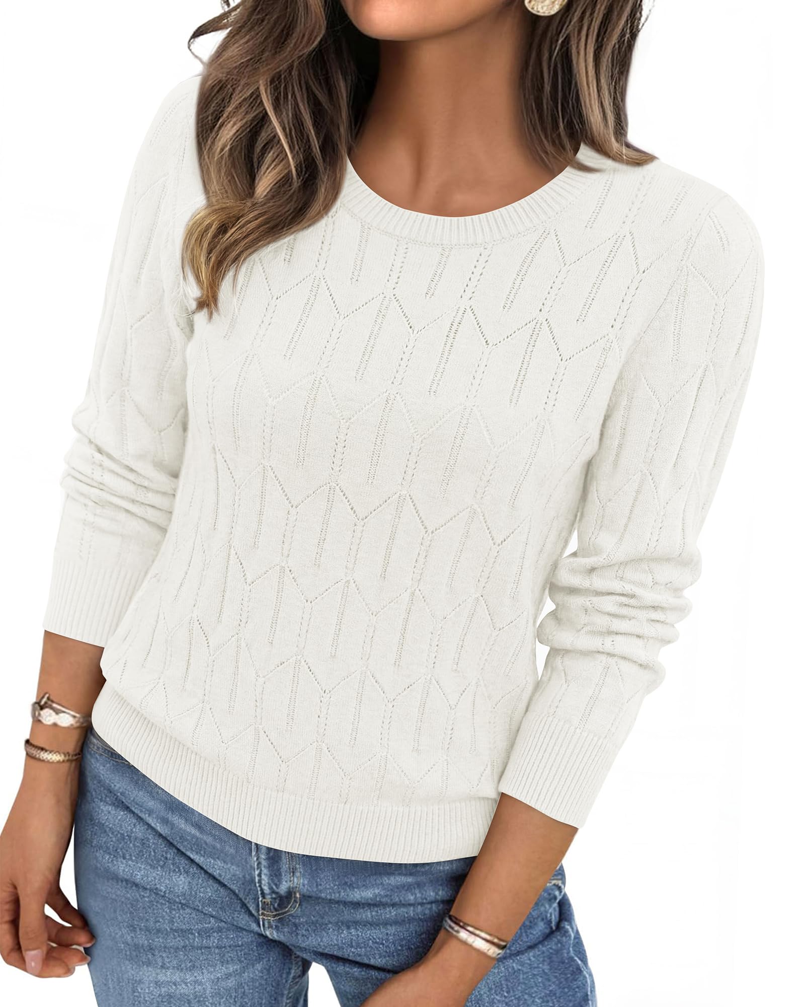 BTFBM Womens Sweaters Long Sleeve Crewneck Pullover Tops Dressy Casual Lightweight Knit Sweater,Small Hollow Out Boho Shirts, Fall Fashion,Winter Layer Basic Clothes,Business Casual Outfits