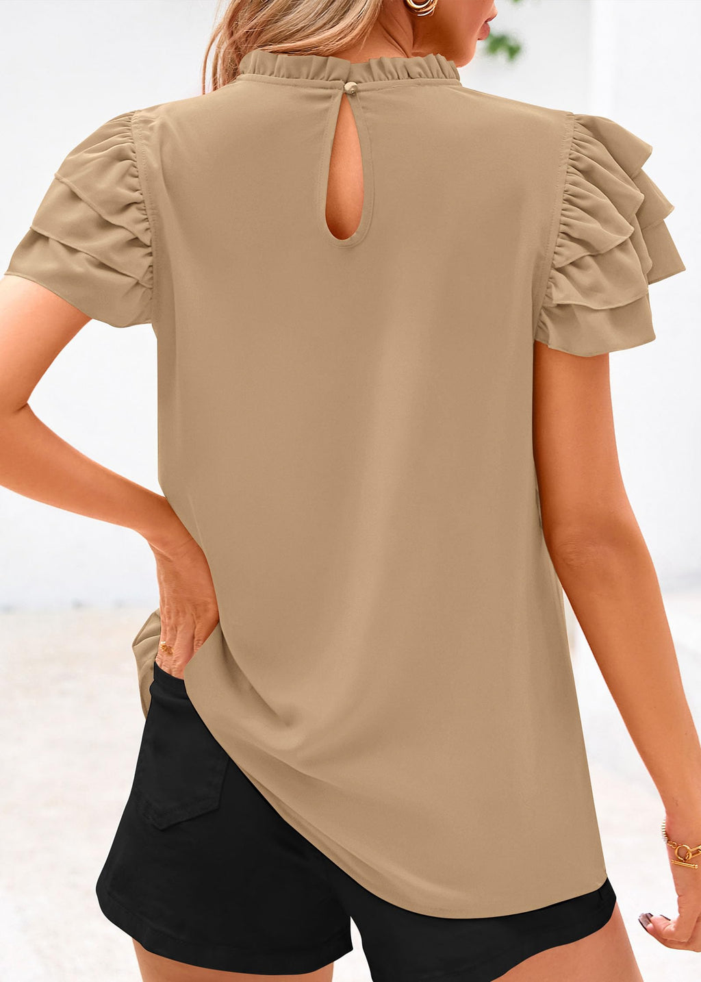 FreshPretty Blouses for Women Dressy Casual Spring Summer Ruffle Short Sleeve Mock Neck Work Shirts Tops Fashion Clothing