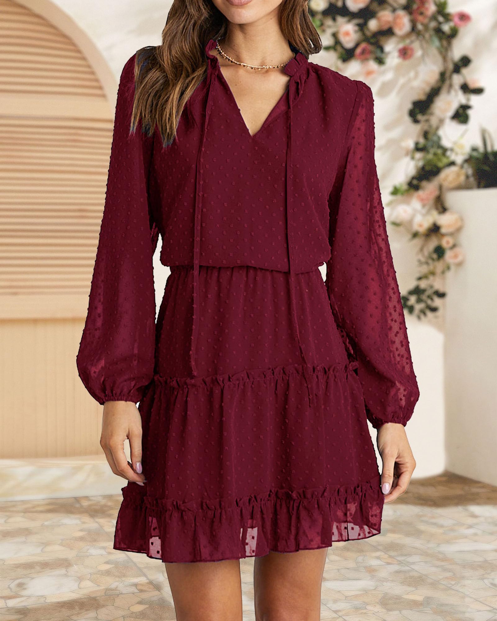 FreshPretty Long Sleeve Fall Dresses for Women Summer Casual Tie Neck Ruffle Tiered A Line Wedding Guest Short Mini Dress