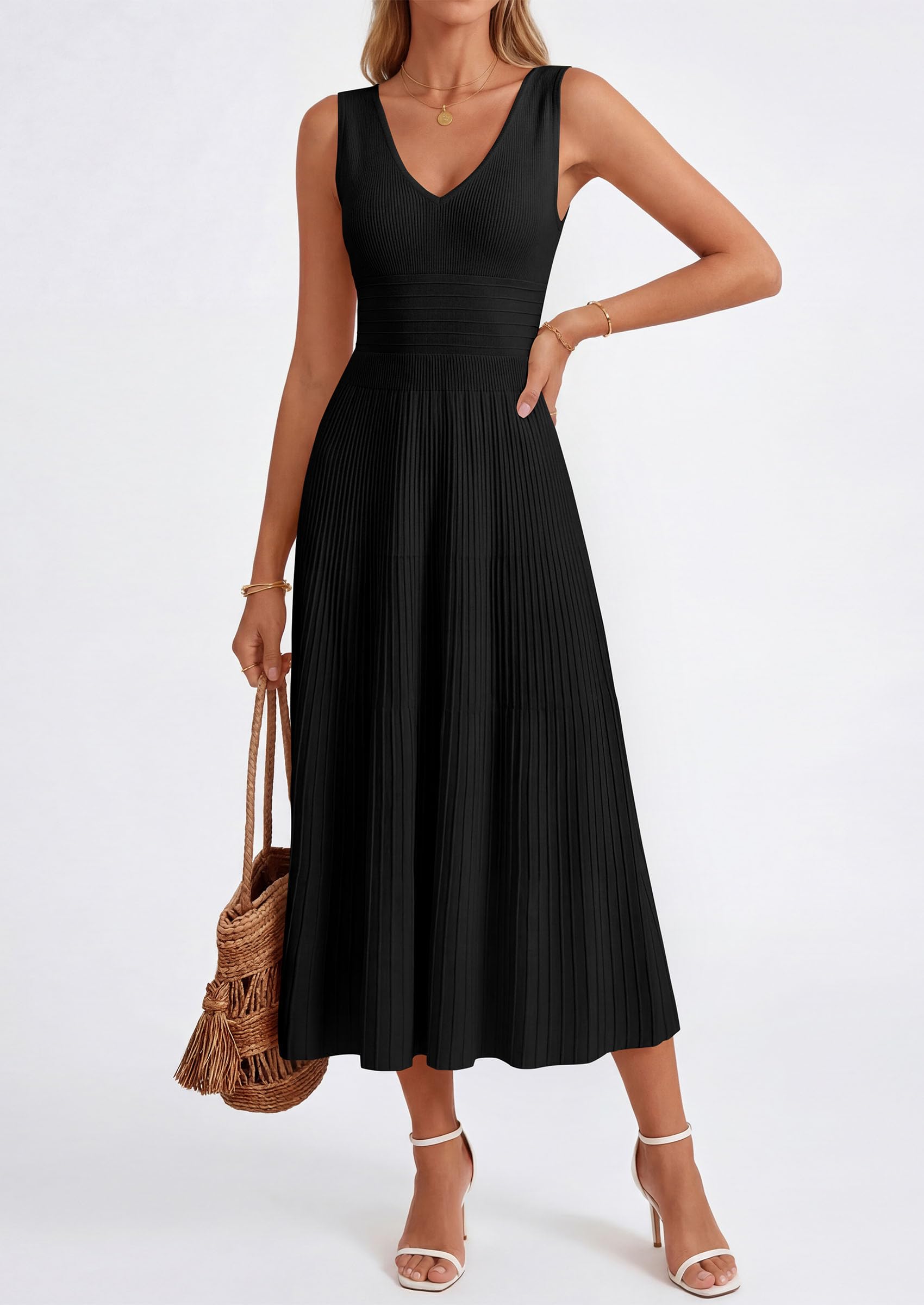 PRETTYGARDEN Women's Summer Casual Dresses Spring Sleeveless V Neck Knit Midi Business Work A Line Cocktail Dress