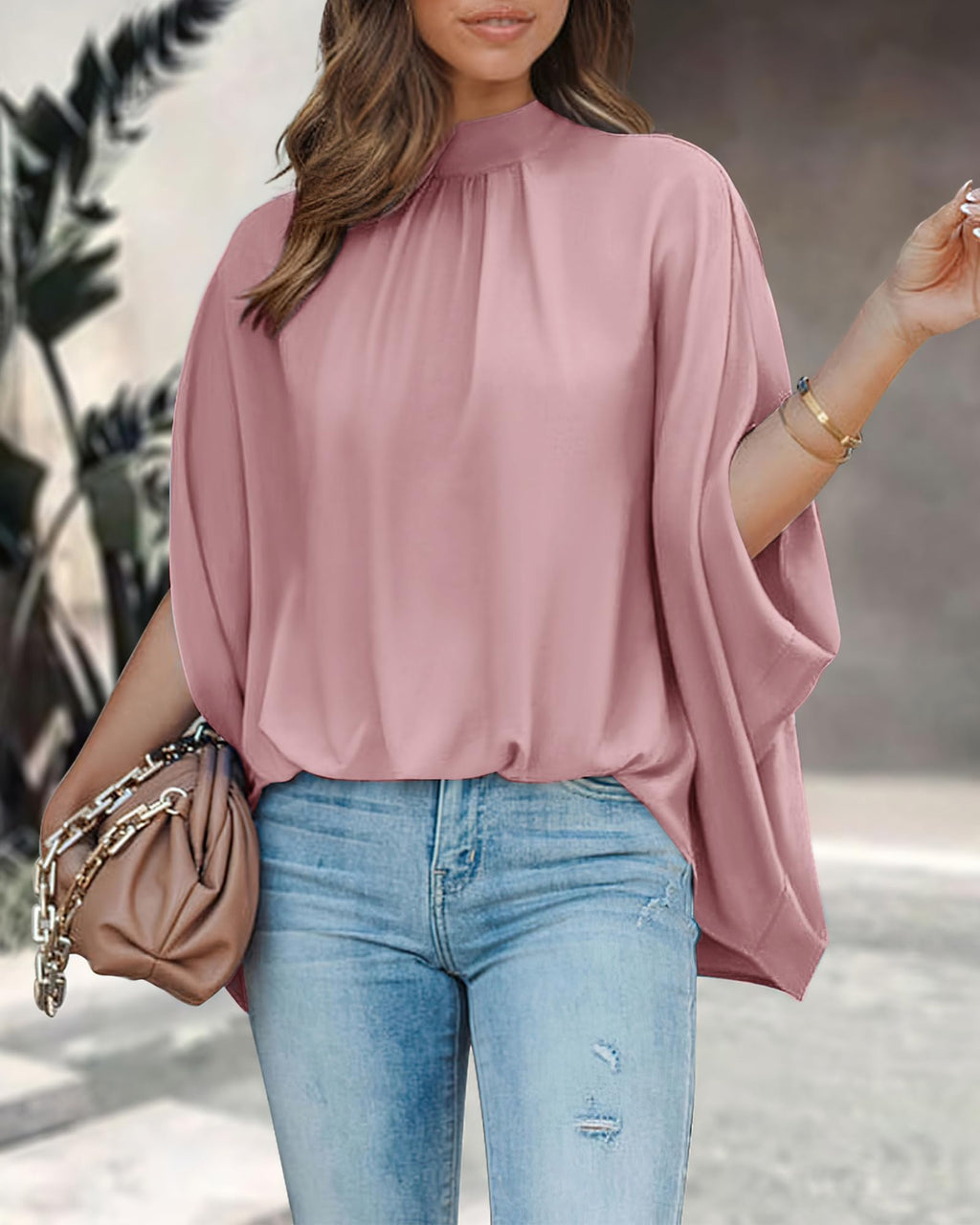 FreshPretty Womens Summer Tops Fall Mock Neck Batwing Sleeve Shirts Loose High Low Hem Oversized Dressy Casual Blouses