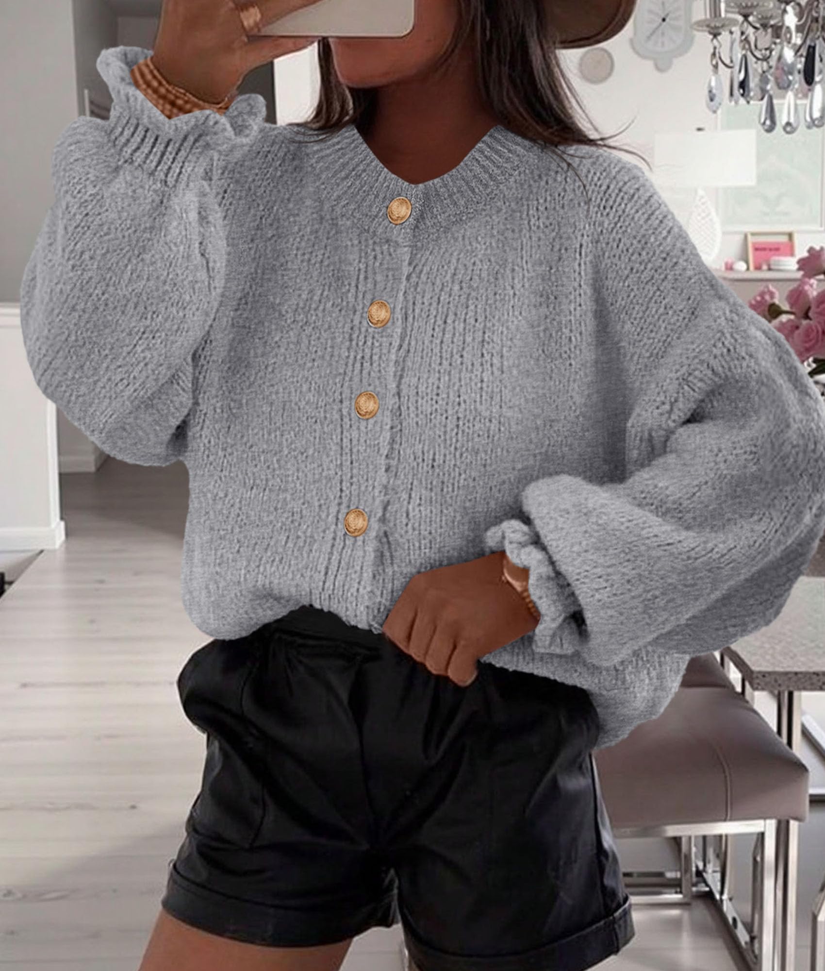 PRETTYGARDEN Womens Cropped Cardigans Trendy Ruffle Open Front Chunky Knit Sweater Oversized Button Down Fall Clothes