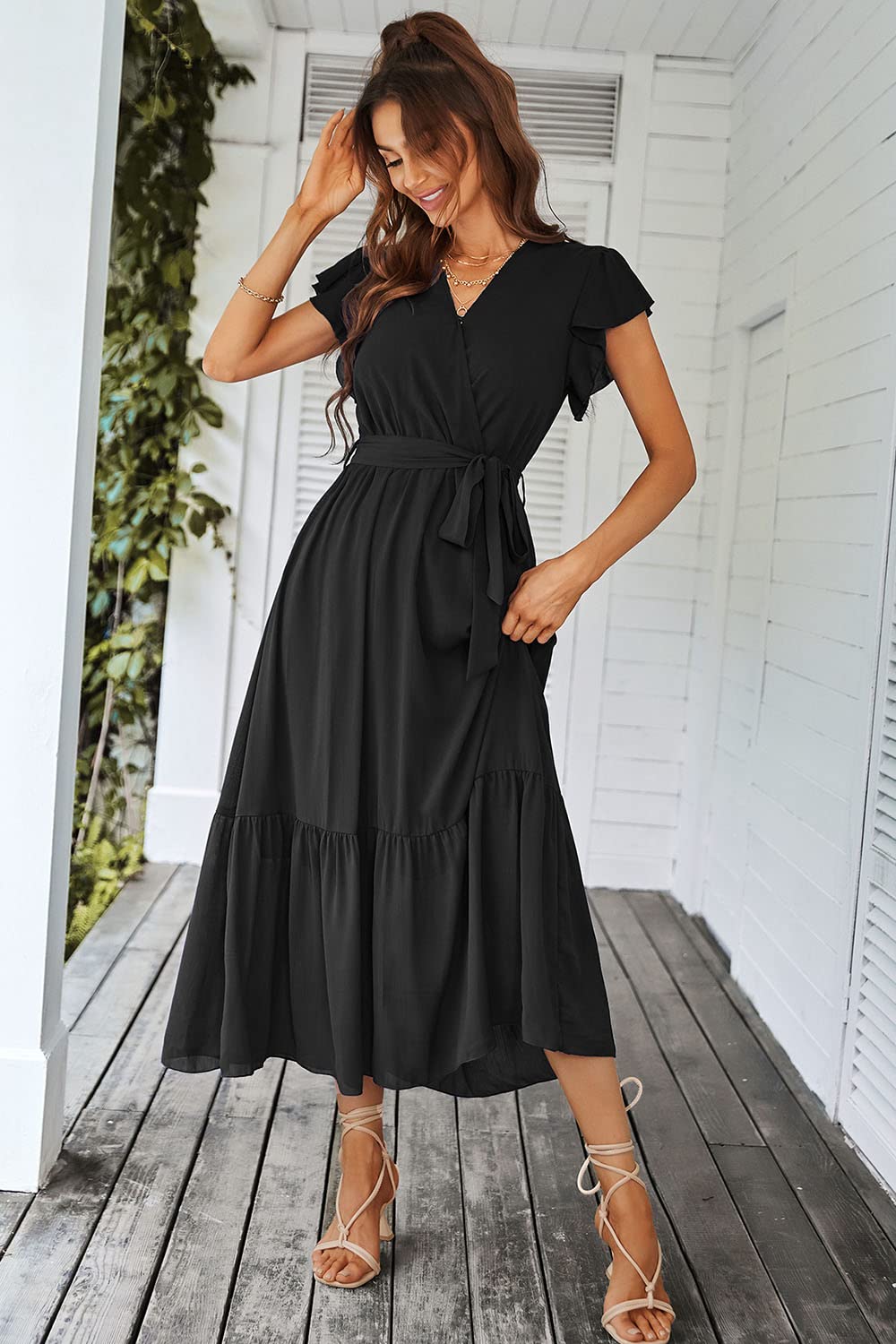 PRETTYGARDEN Women's Summer Floral Boho Maxi Dress Wrap Short Sleeve V Neck Ruffle A-Line Flowy Wedding Guest Long Dresses