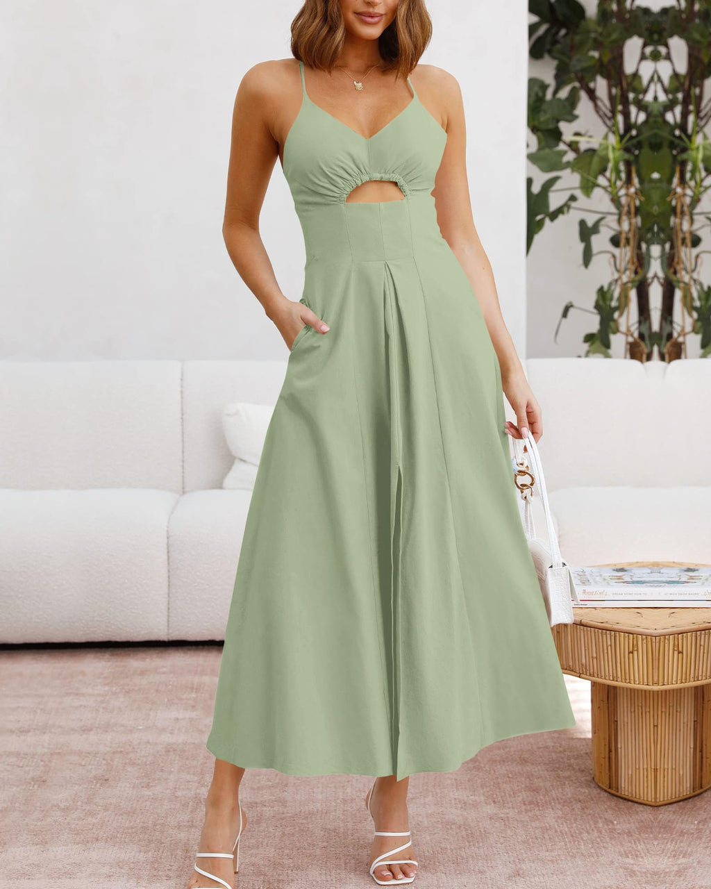BTFBM Women Spaghetti Strap Midi Summer Dresses Sleeveless V Neck Cutout Slit Casual Beach Party Maxi Dress Pockets