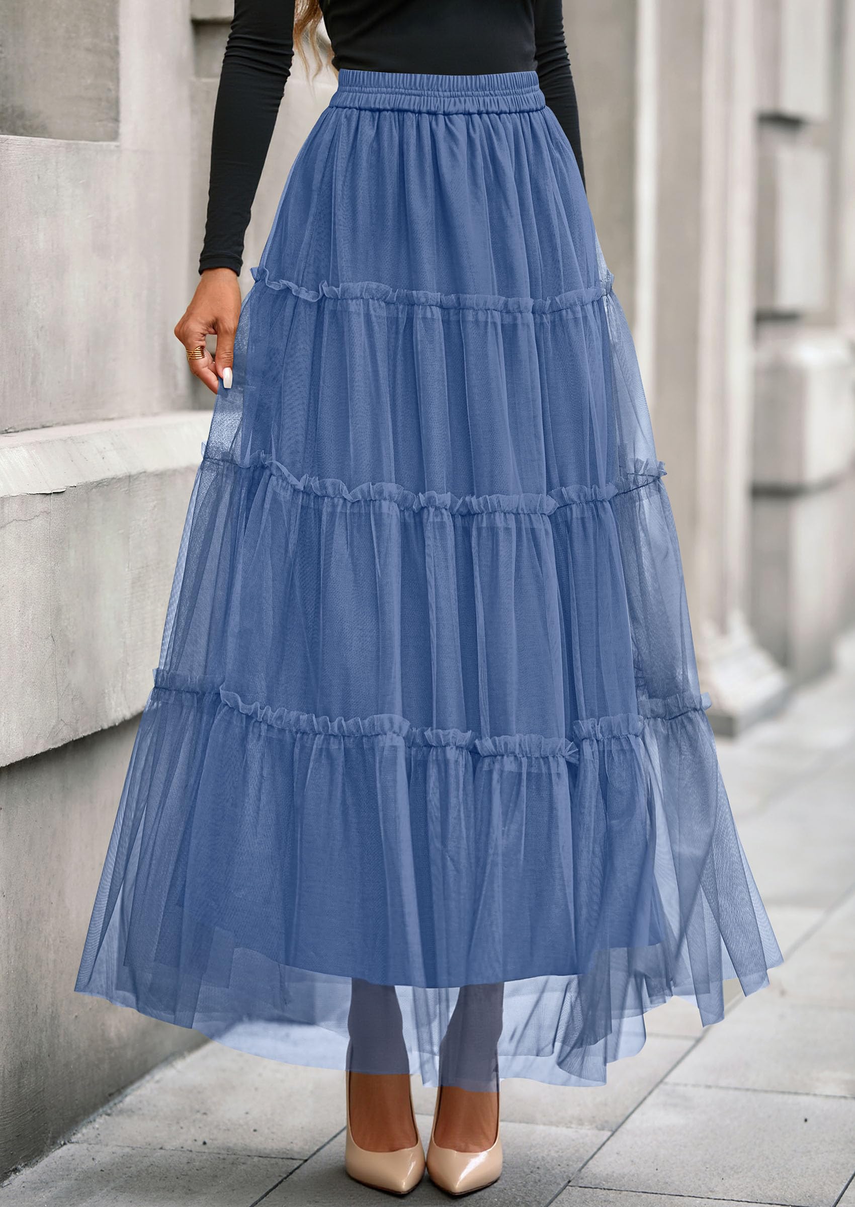 PRETTYGARDEN Tulle Skirts for Women Fall Fashion Elastic High Waisted Fairy Tiered Flowy A-Line Casual Maxi Long Skirt