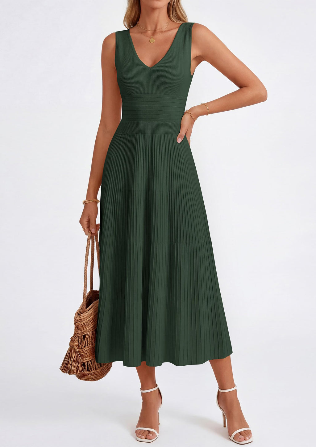 PRETTYGARDEN Women's Summer Casual Dresses Spring Sleeveless V Neck Knit Midi Business Work A Line Cocktail Dress