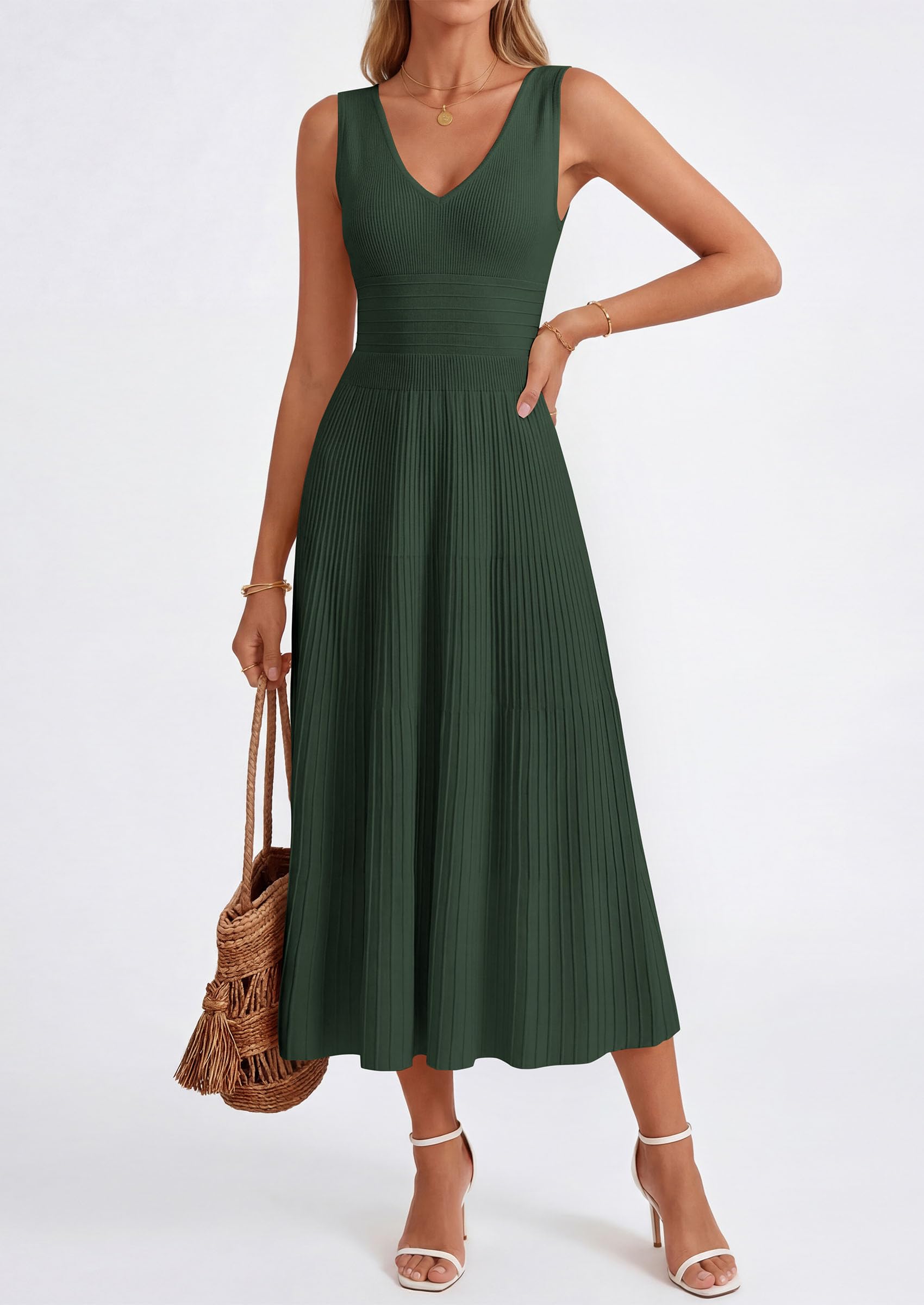 PRETTYGARDEN Women's Summer Casual Dresses Spring Sleeveless V Neck Knit Midi Business Work A Line Cocktail Dress