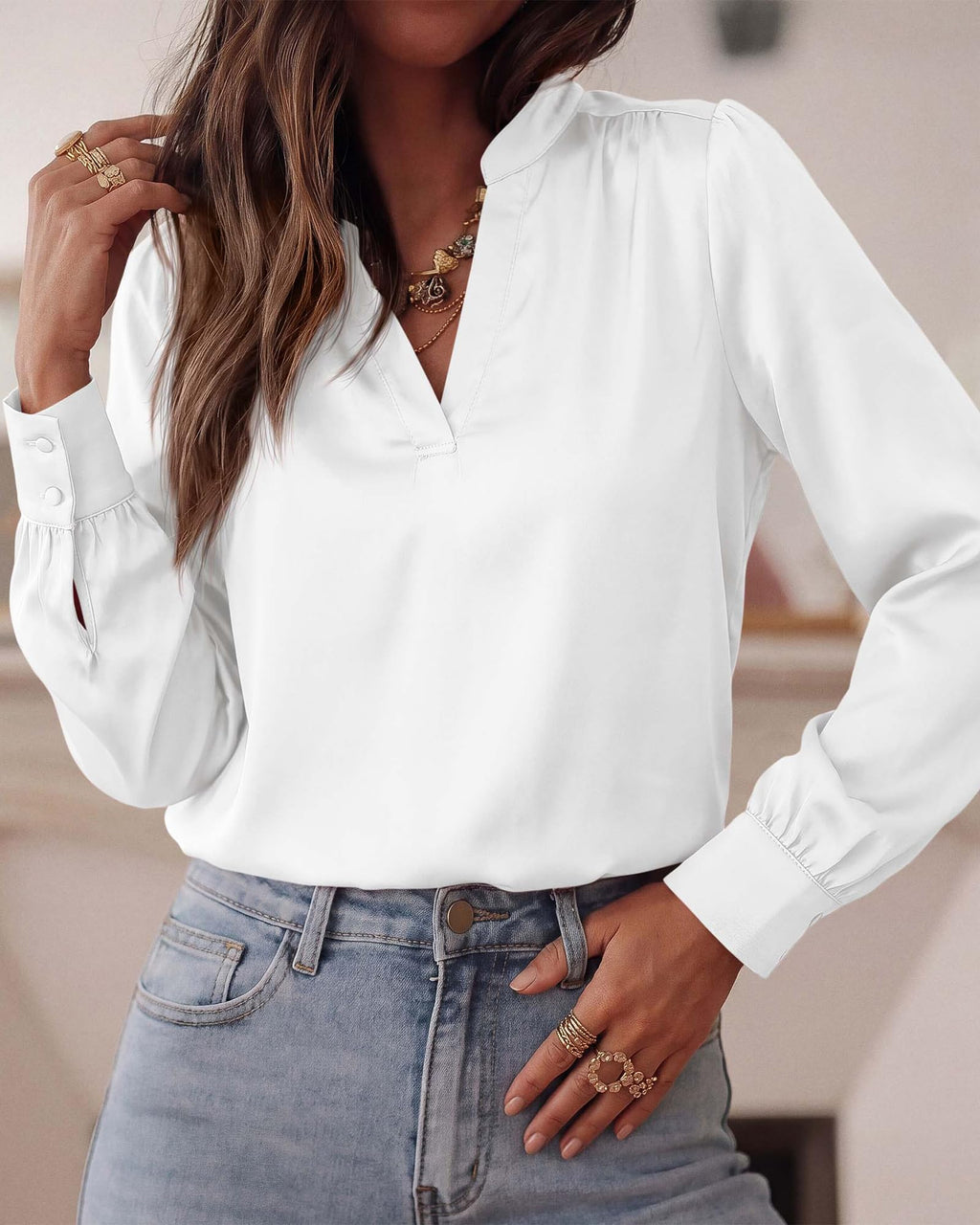 BTFBM Satin Blouses for Women Dressy Casual | Lightweight,V Neck,Long Sleeve Tops,Going Out Outfits,Fall Fashion Clothing