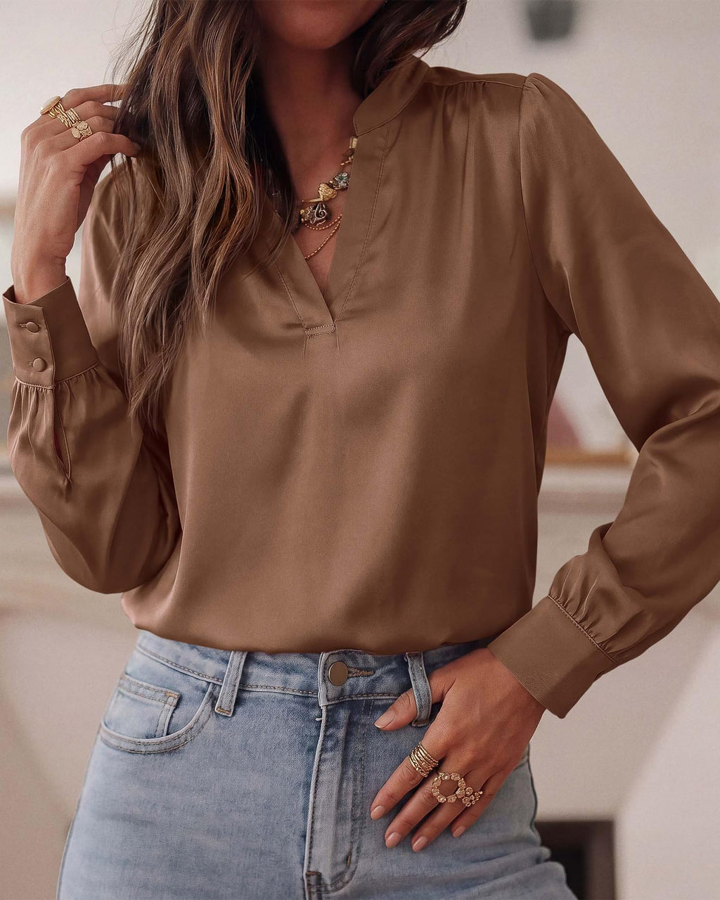 BTFBM Satin Blouses for Women Dressy Casual | Lightweight,V Neck,Long Sleeve Tops,Going Out Outfits,Fall Fashion Clothing