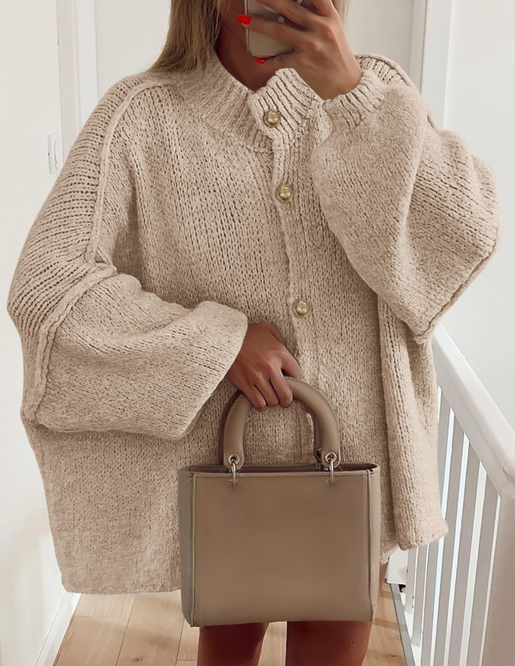 PRETTYGARDEN Women's Winter Button Down Cardigan Sweaters Mock Neck Lantern Long Sleeve Chunky Knit Jacket Trendy Outerwear