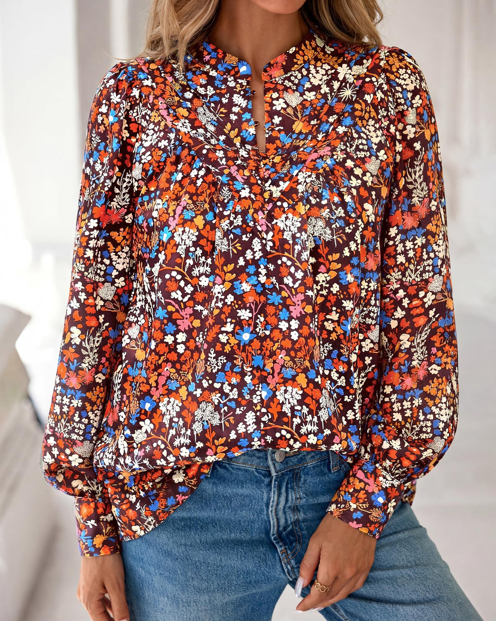 BTFBM Womens Tops Dressy Casual Spring Boho Floral V Neck Long Sleeve Half Button Down Shirt Work Business Blouses