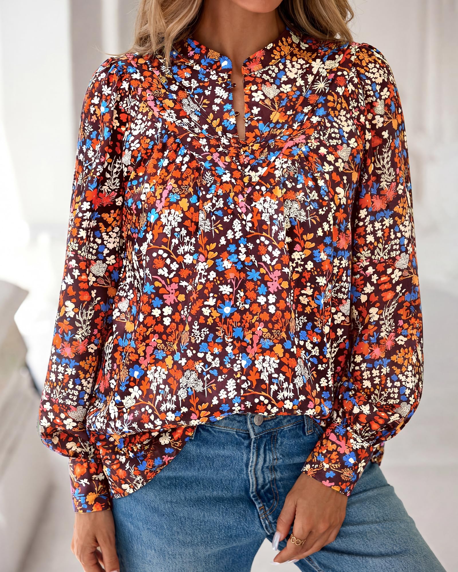 BTFBM Womens Tops Dressy Casual Spring Boho Floral V Neck Long Sleeve Half Button Down Shirt Work Business Blouses