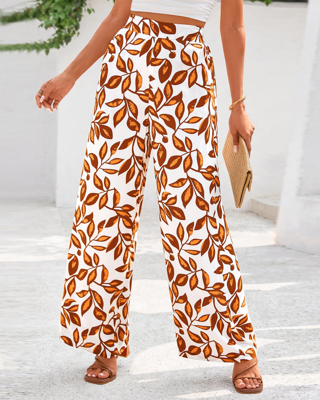 FreshPretty Womens Wide Leg Summer Pants Boho Beach Vacation Loose Elastic Waist Printed Palazzo Pant Pockets