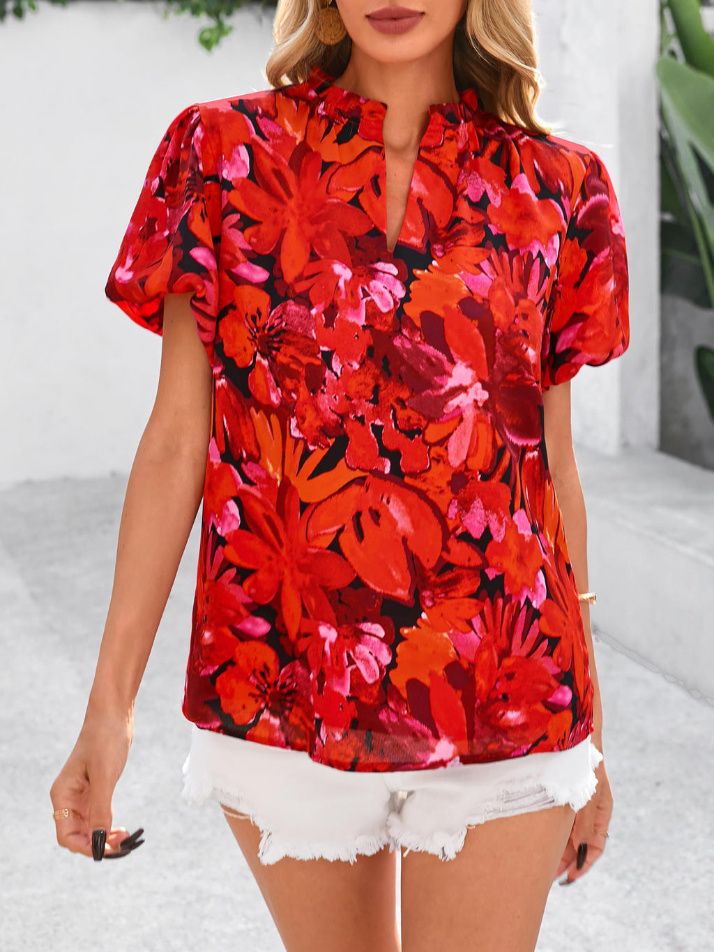 PRETTYGARDEN Boho Short Sleeve Floral Work Blouses for Women Dressy Casual V Neck Puff Sleeve Loose Chiffon Flowy Tops Shirts