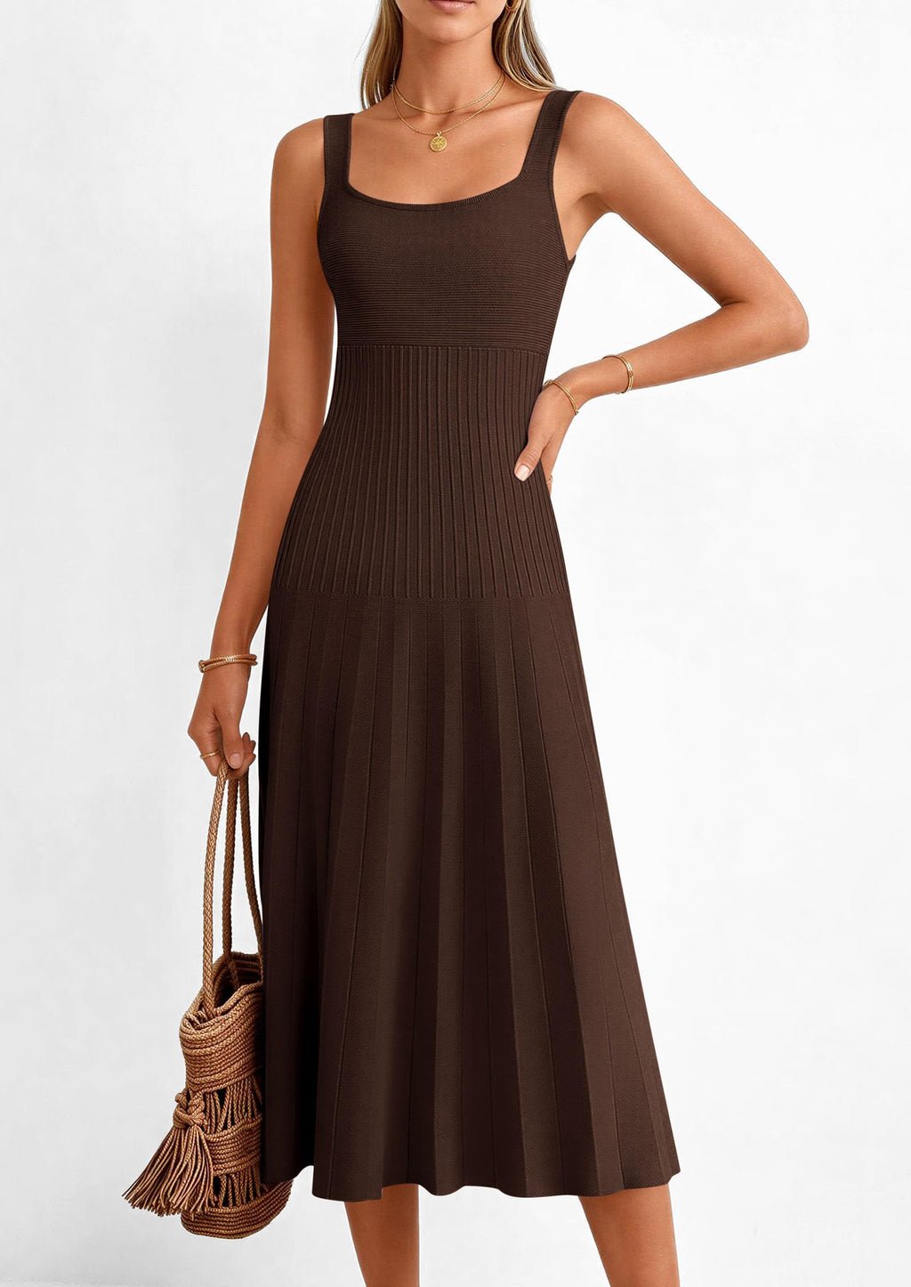 PRETTYGARDEN Spring Dresses for Women Summer Casual Sleeveless Square Neck A Line Knit Pleated Midi Cocktail Party Dress