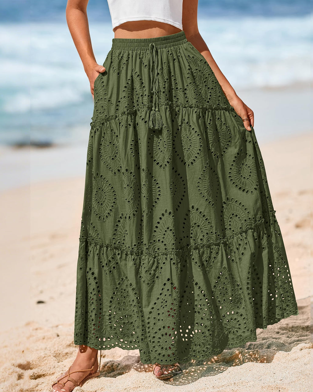 BTFBM Long Skirts for Women Summer Boho Lace Embroidery High Waist Flowy Tiered Spring Maxi Skirt Beach Vacation