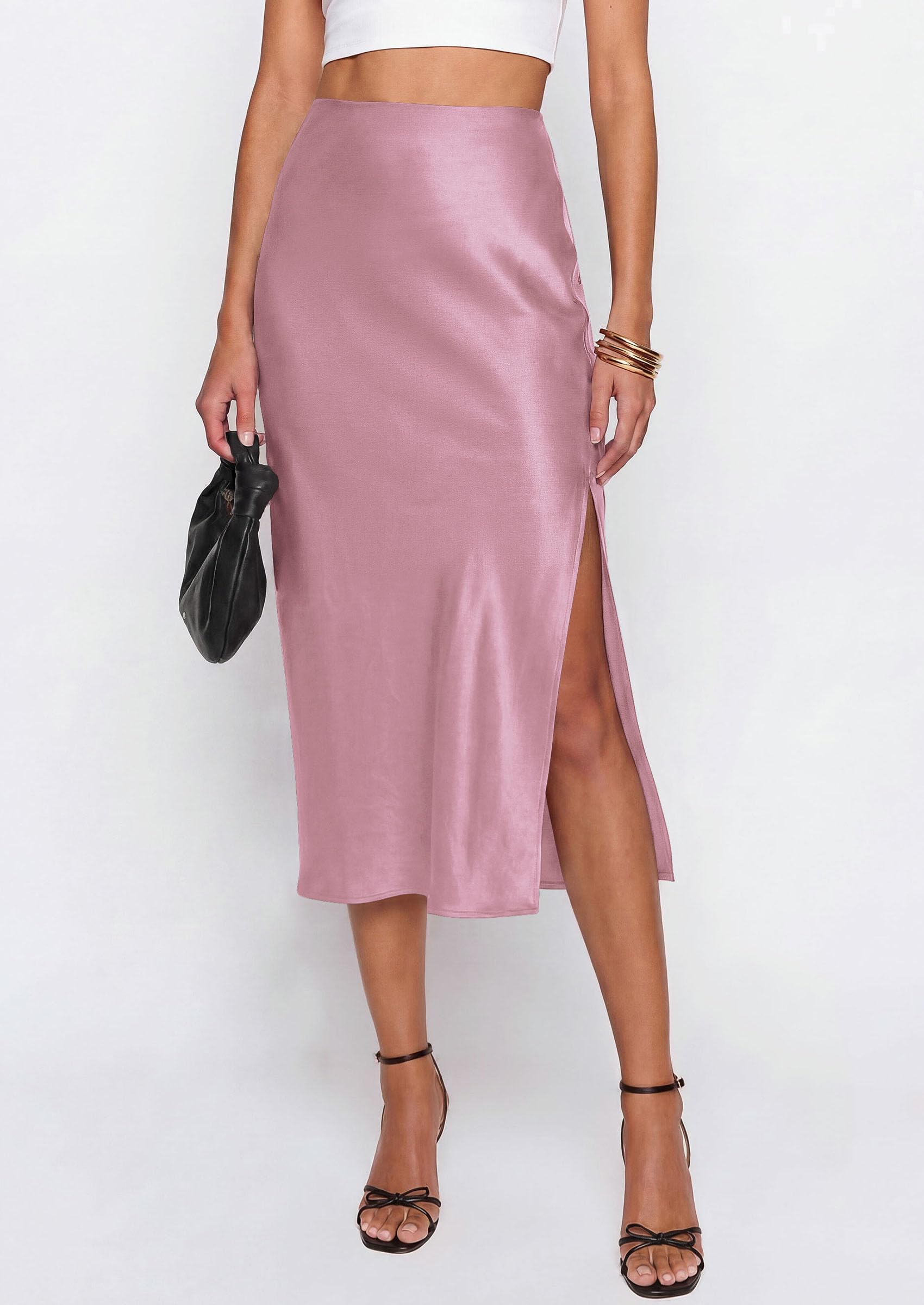 PRETTYGARDEN Womens Satin Skirt Summer Silk Business Casual High Waisted A Line Flowy Work Wedding Cocktail Midi Skirts