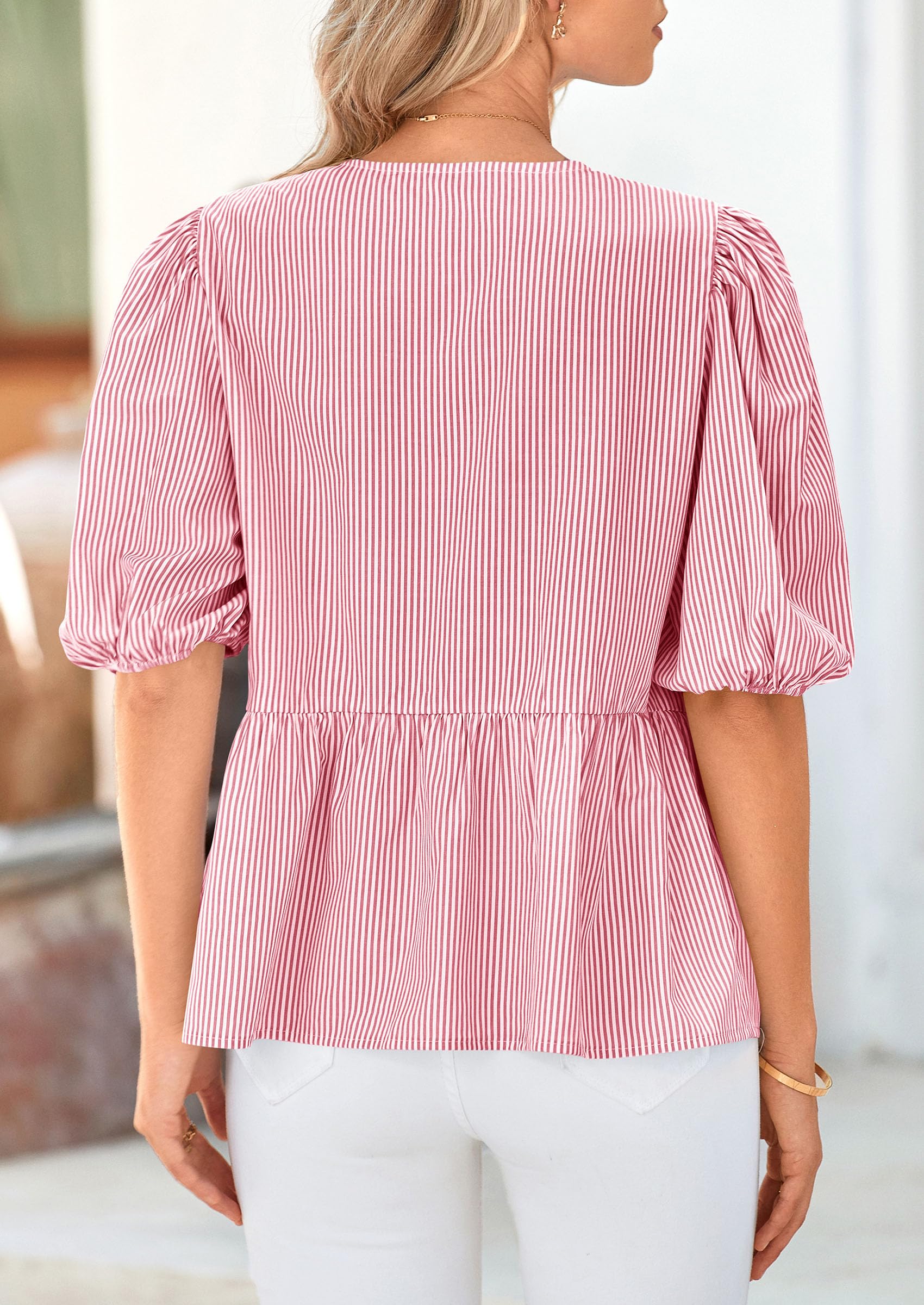 PRETTYGARDEN Women's Tie Front Striped Shirt Summer Trendy Fashion Cute Babydoll Tops Peplum Puffy Sleeve Blouse