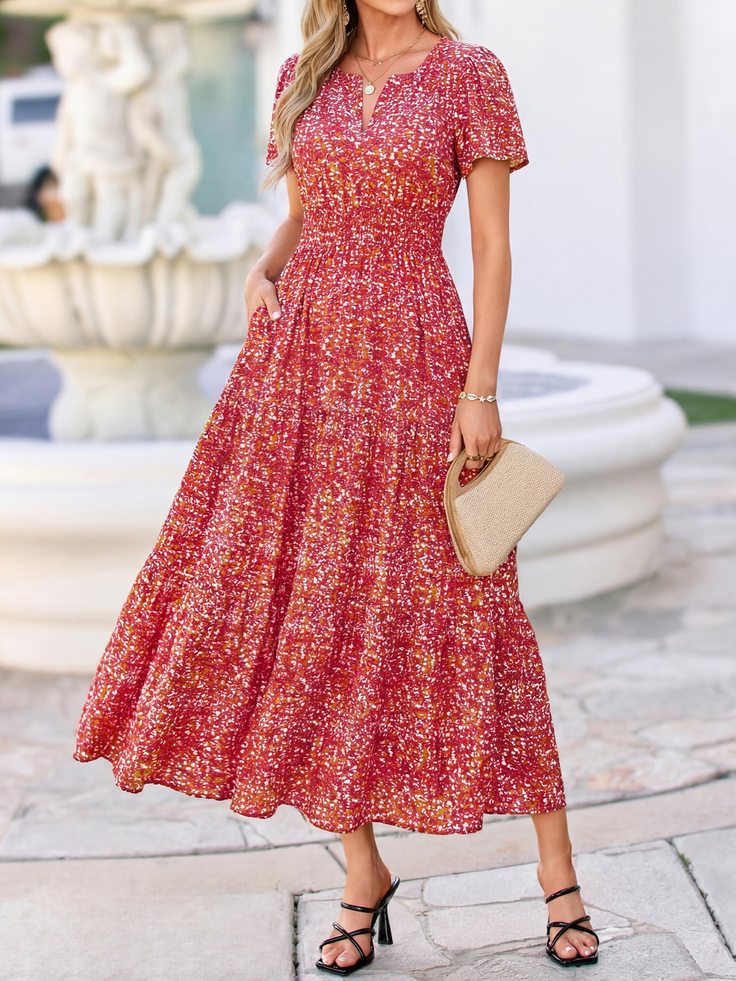 BTFBM Womens Summer Floral Maxi Dresses V Neck Short Sleeve Boho Casual Flowy Long Wedding Guest Dress Beach Vacation