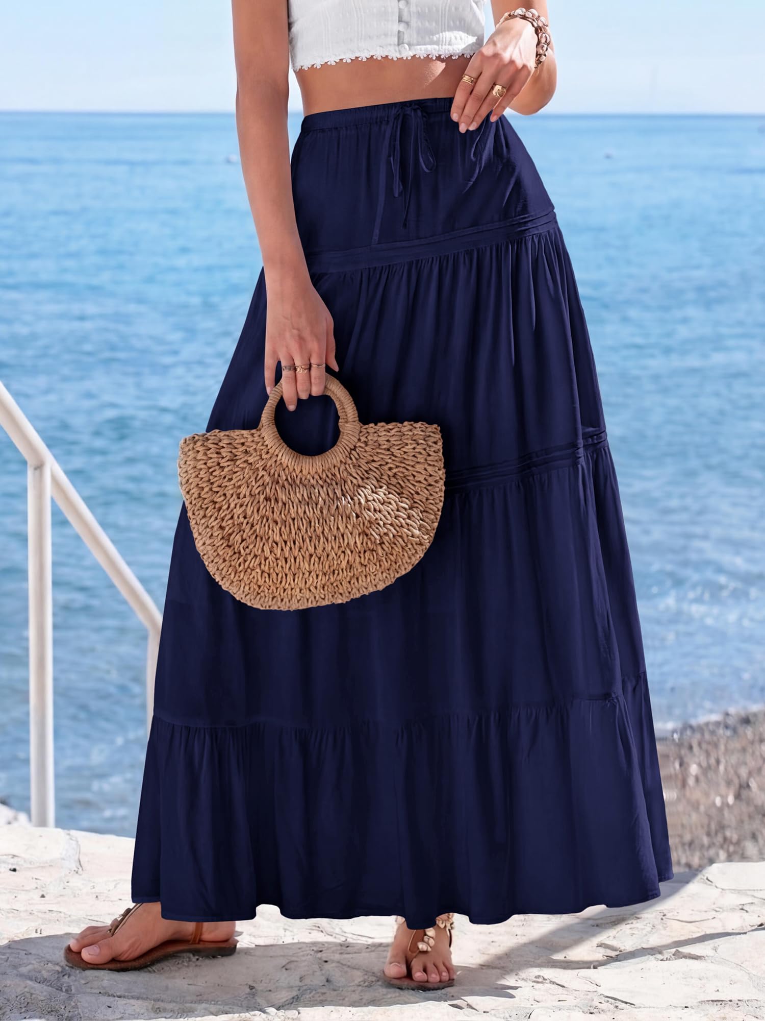 BTFBM Spring Skirts for Women Summer Boho Beach Vacation Clothes Casual Pleated High Waisted Flowy Maxi Skirt