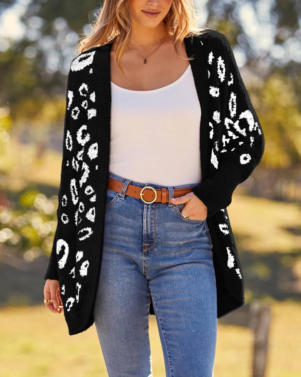 FreshPretty Leopard Cardigan for Women Long Sleeve Open Front Cardigans Sweaters Pockets Loose Knit Fall Winter Outwear