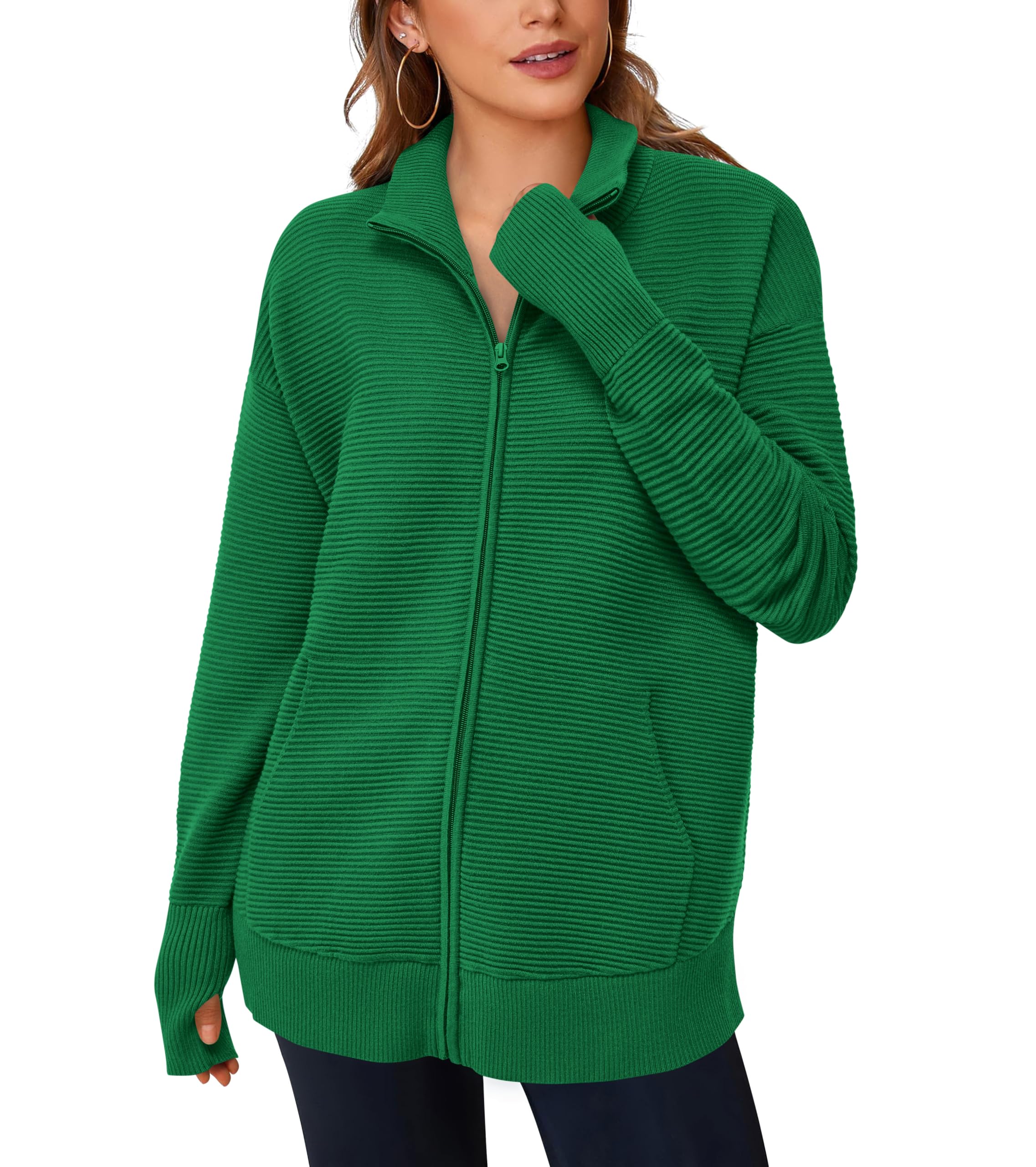 PRETTYGARDEN Womens Fall Long Sleeve Zip Up Cardigan Sweaters Casual Loose Collared Ribbed Knit Tops Jackets Thumb Hole