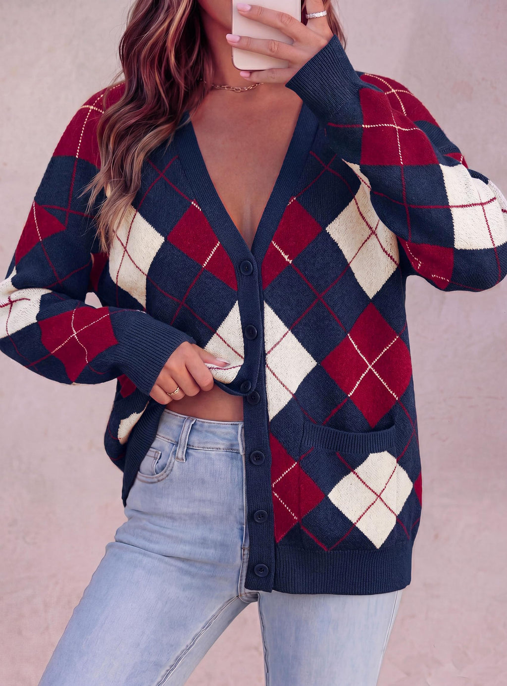 PRETTYGARDEN Women's Cardigan Argyle Winter Sweaters Cozy Warm Chunky Knit, Long Sleeve V Neck, Color Block Plaid, Button Up Pocket,Trendy Fall Jackets, Holiday Going Out Outfits