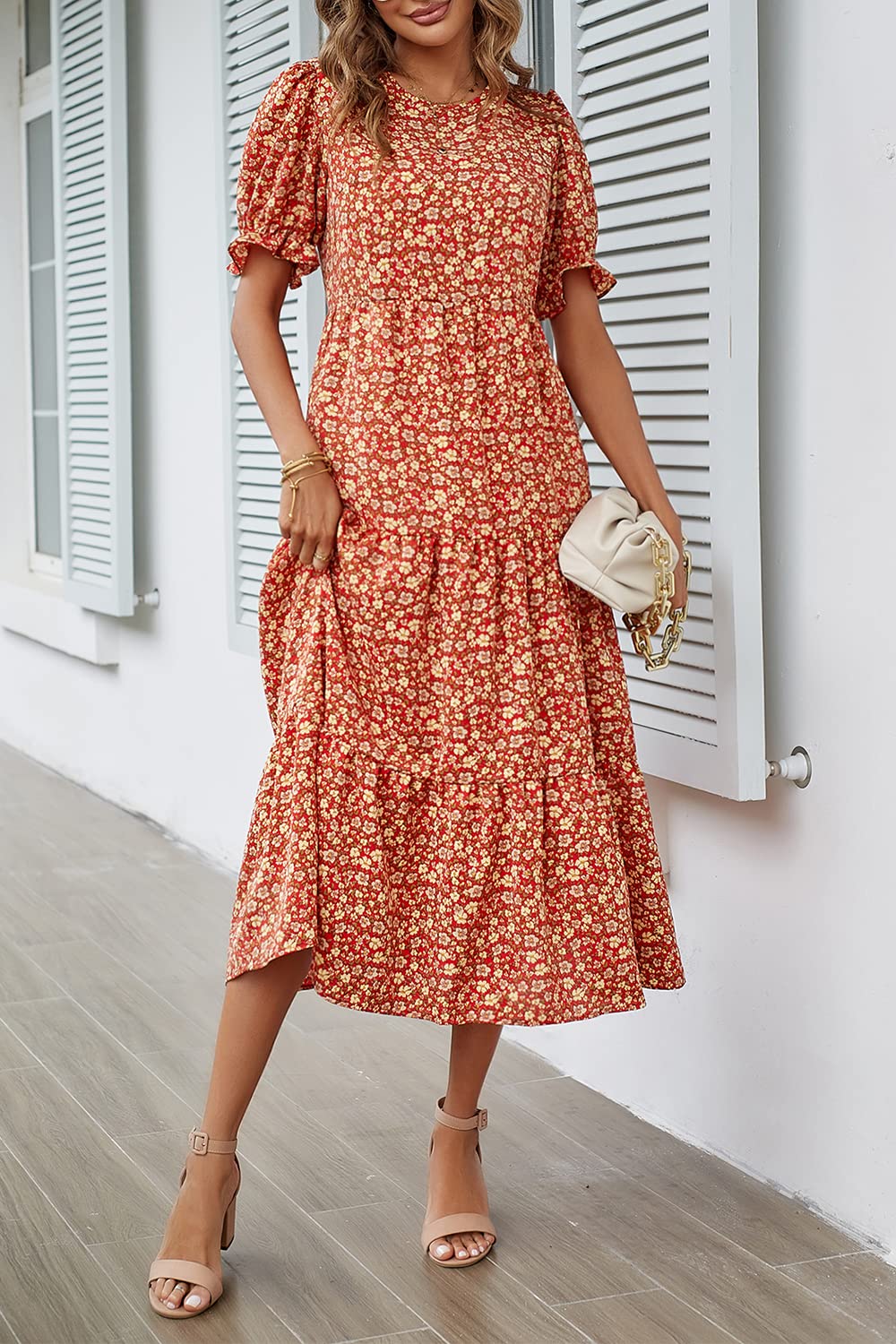 PRETTYGARDEN Summer Dresses for Women Casual Floral Boho Midi Sun Dress Puff Short Sleeve Flowy Beach Vacation Sundress