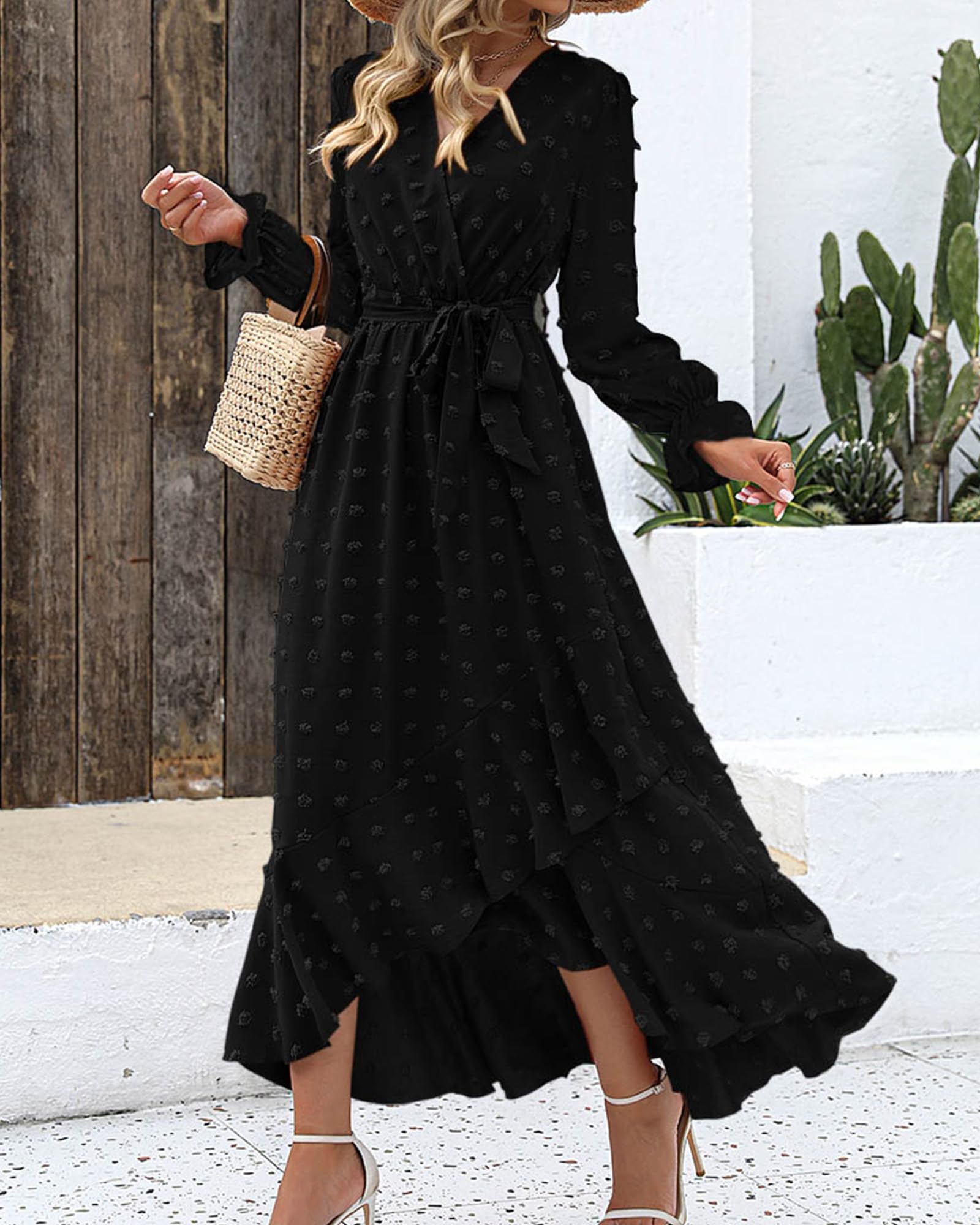 FreshPretty Long Sleeve Maxi Dresses for Women V Neck Swiss Dot Boho Flowy Slit Cocktail Wedding Guest Dress Fall Clothes