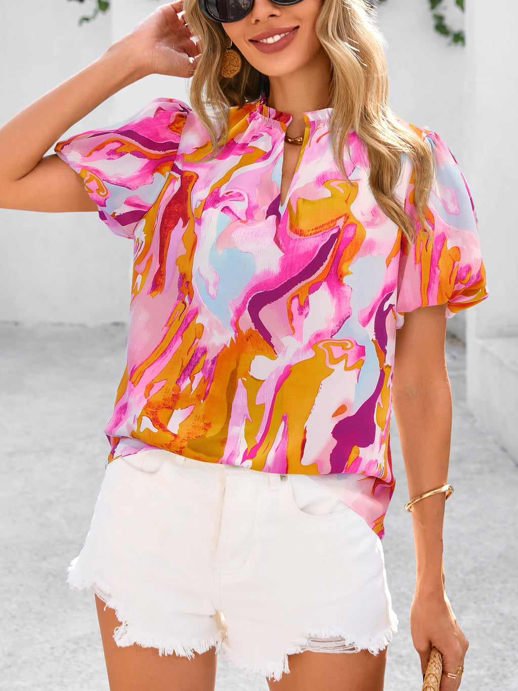 PRETTYGARDEN Boho Short Sleeve Floral Work Blouses for Women Dressy Casual V Neck Puff Sleeve Loose Chiffon Flowy Tops Shirts