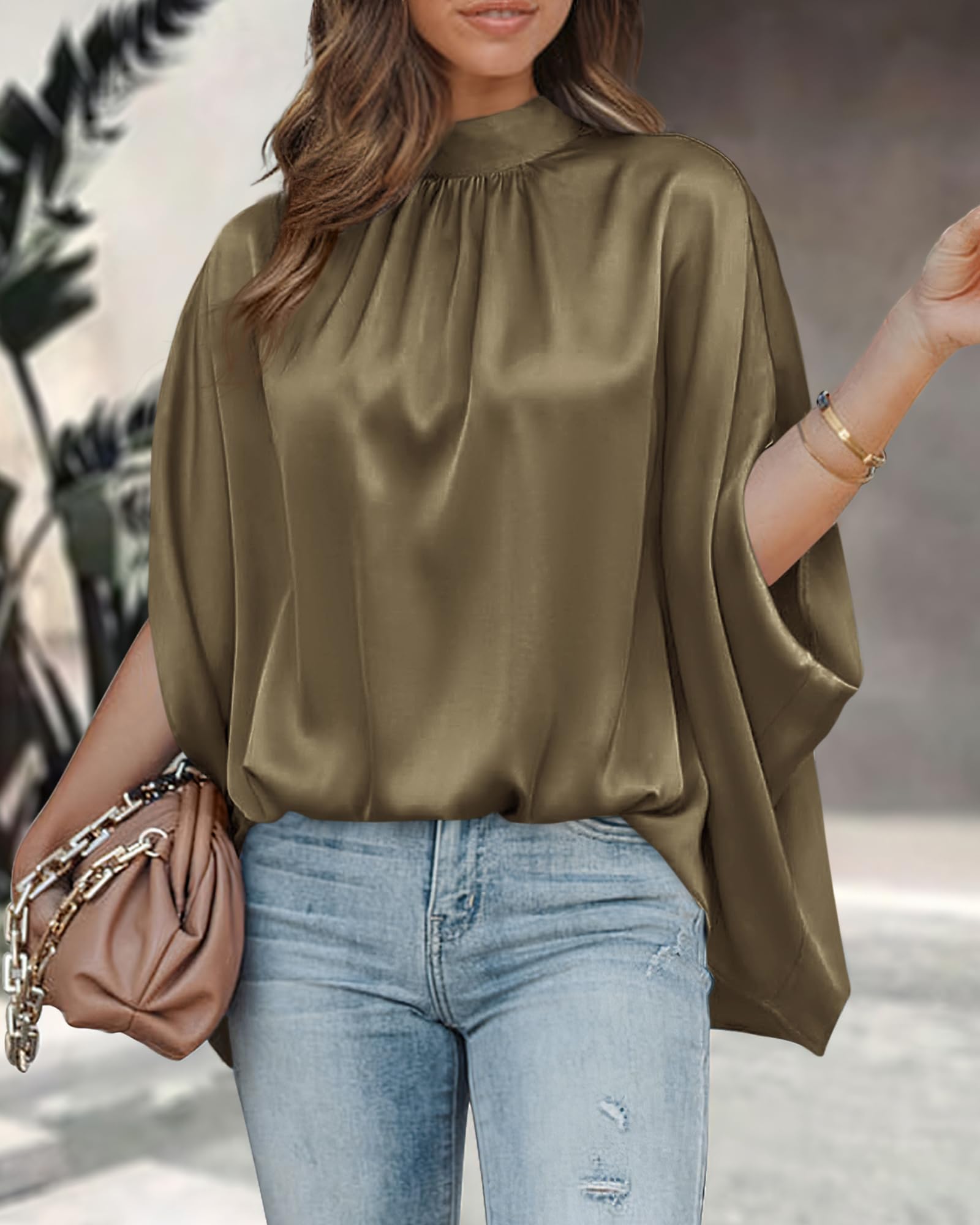 BTFBM Womens Summer Tops Mock Neck Batwing Sleeve Silk Satin Shirts Loose Oversized Dressy Casual Spring Blouses