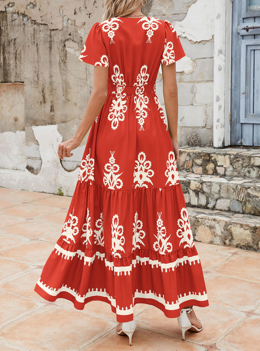 PRETTYGARDEN Womens Summer Casual V Neck Boho Maxi Dress Flowy Aline Bell Sleeve Tiered Floral Dresses with Pocket