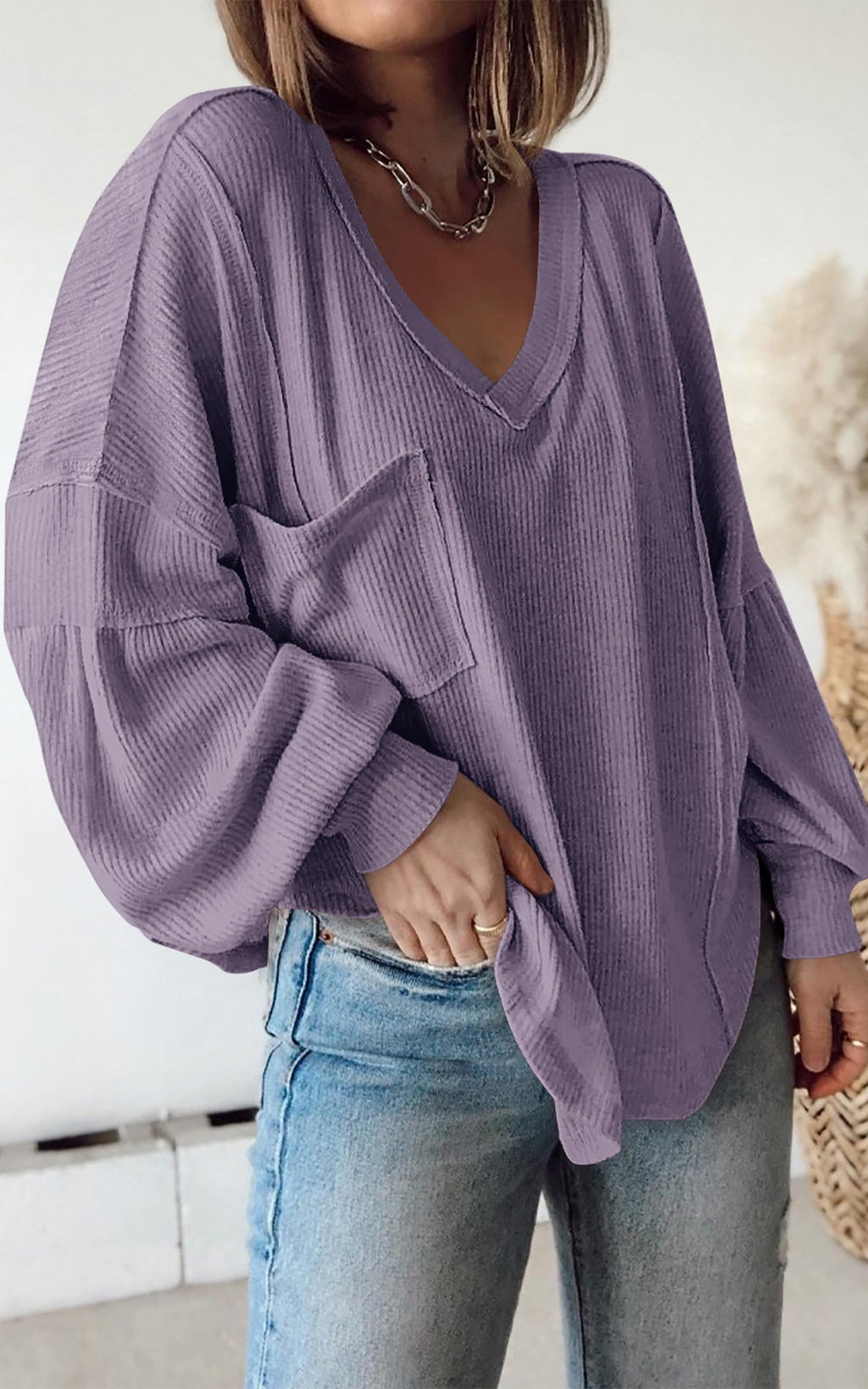 FreshPretty Womens Fall Fashion Long Sleeve Shirts Casual V Neck Ribbed Knit Blouses Pullover Trendy Loose Fit Tunic Tops