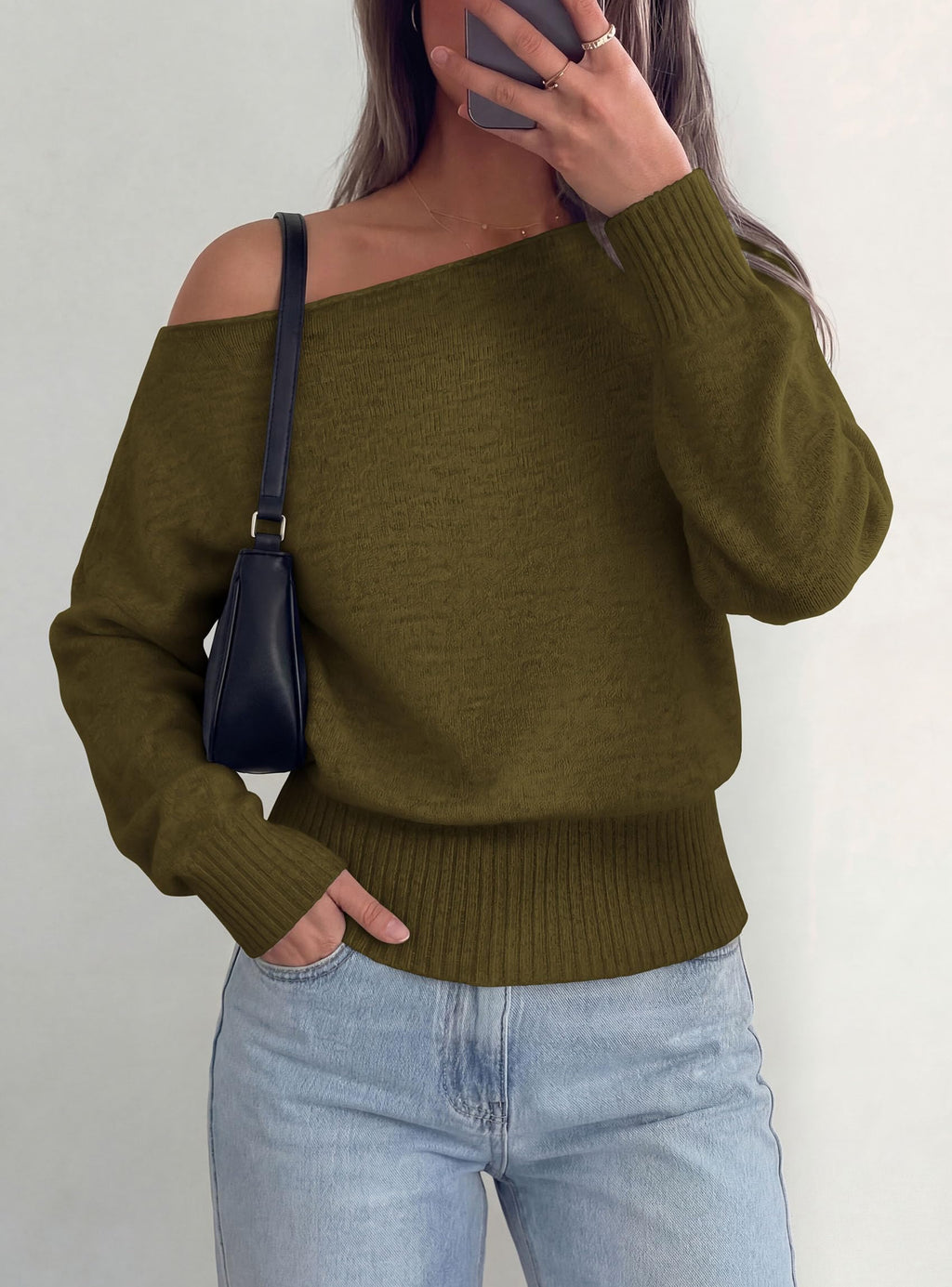 PRETTYGARDEN Womens Off The Shoulder Sweater Fall Fashion Soft Stretchy Knit Fabric, Batwing Long Sleeve Cinched Waist Cropped Sweaters, Date Night Outfit, Asymmetrical Going Out Tops