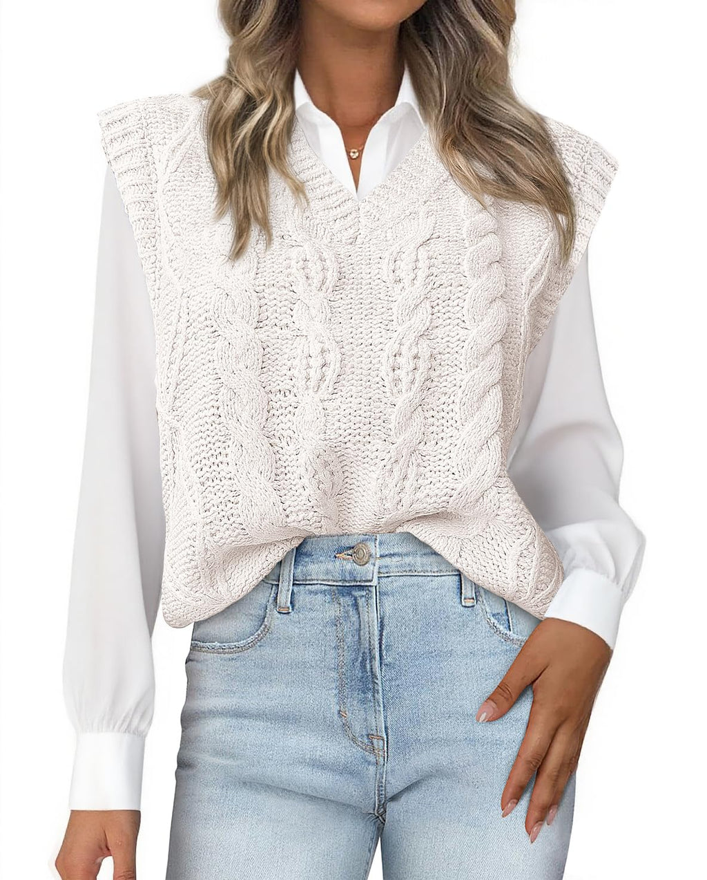 FreshPretty Sweater Vest Women Oversized V Neck Cable Knit Casual Pullover Sweaters Fall Outfits Sleeveless Tops