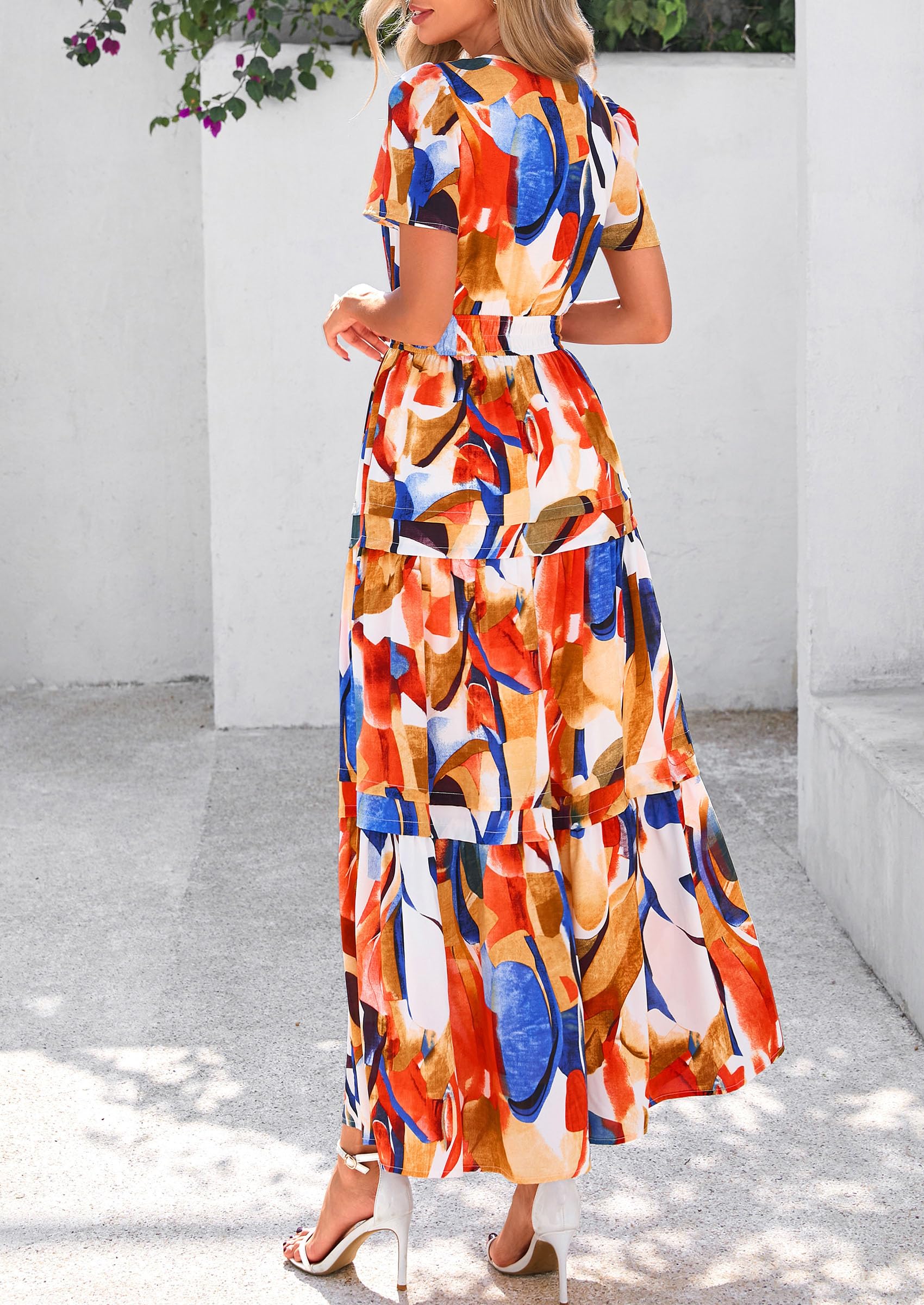 PRETTYGARDEN Summer Maxi Dresses for Women  Casual V Neck Puff Short Sleeve Smocked Flowy Beach Boho Long Floral Dress