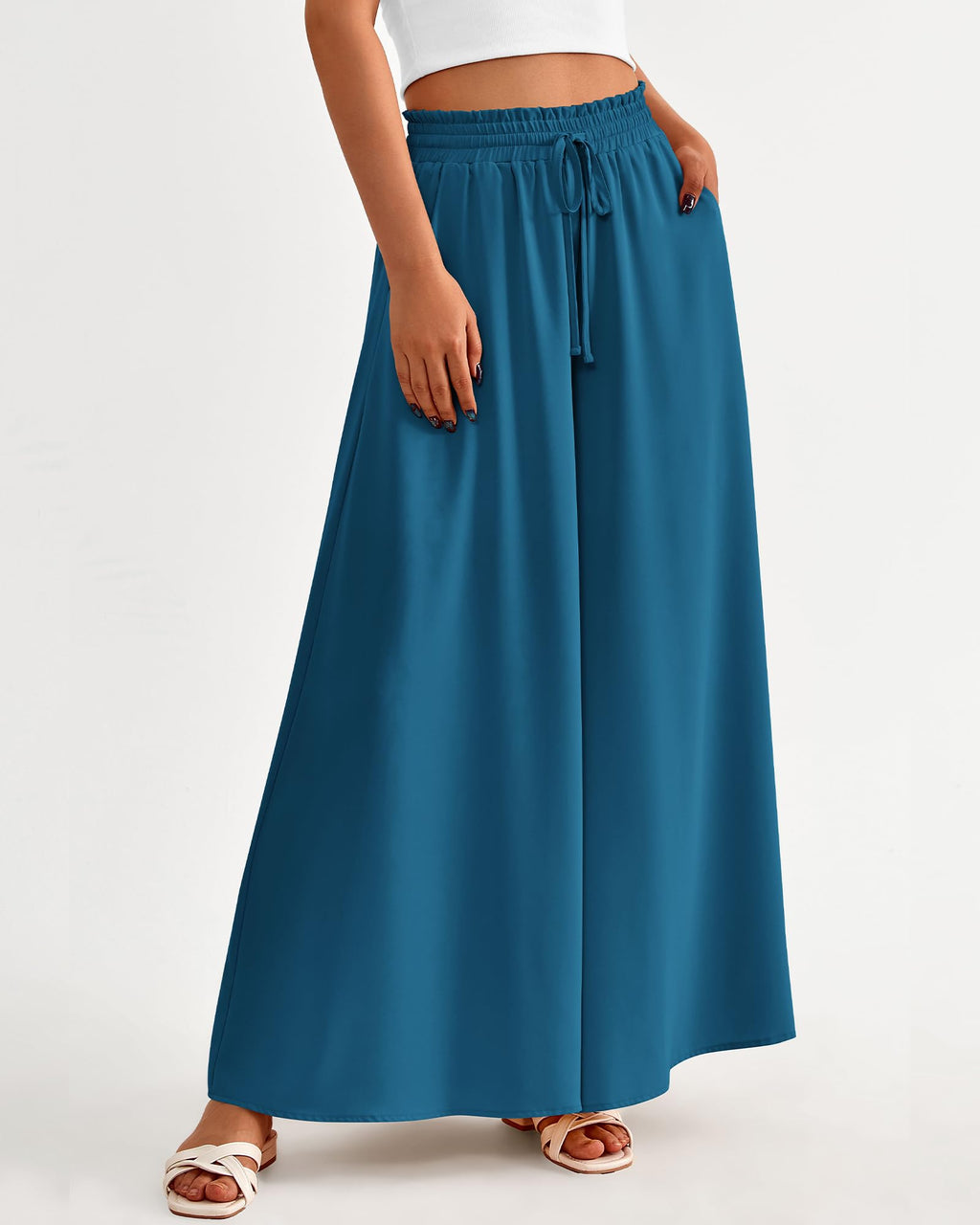 BTFBM Women Casual High Waist Wide Leg Pants Spring Summer Long Palazzo Pants Pocket Lounge Beach Vacation Clothes