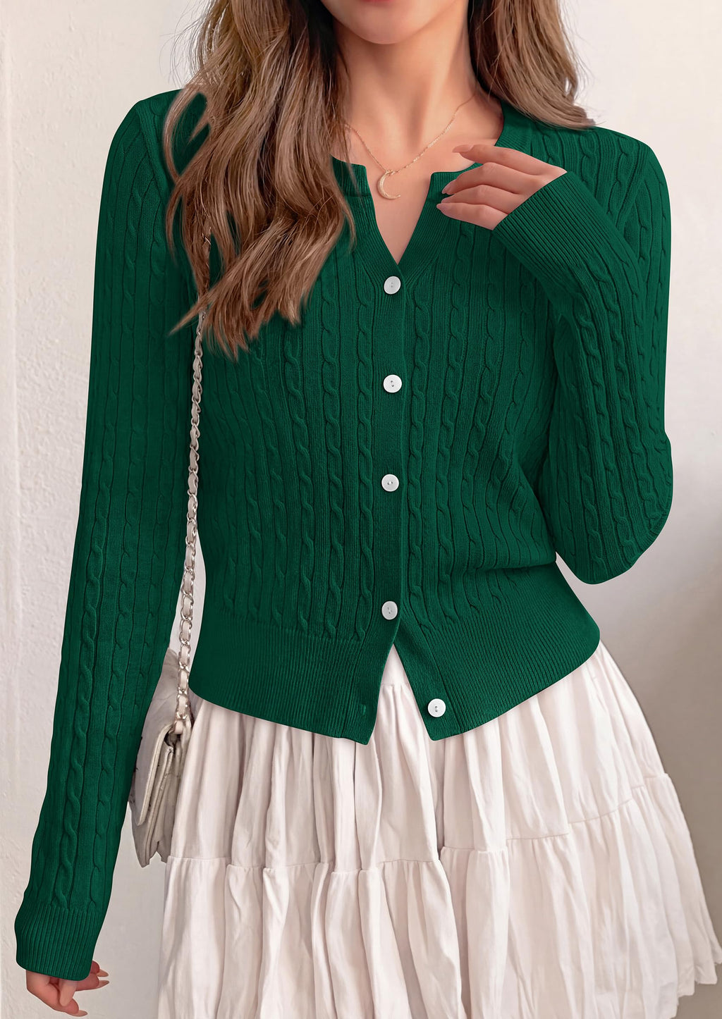 FreshPretty Women's Cable Knit Cropped Cardigan Sweater V Neck Button Down | Soft Lightweight Cable Knit, Long Sleeve, V Neck Button Front, Cropped Ribbed Trim, Business Casual Fall Winter Layering